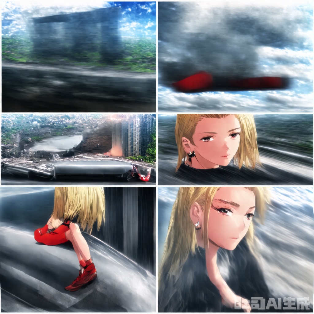  1girl,blonde hair,blue sky,blurry background,building,city,cloud,cloudy sky,day,depth of field,earrings,from below,ground vehicle,full body,From below,Looking up,Shoes close to the camera,Sitting on the roof of the car,Red sports shoes,Sitting posture,jewelry,lips,long hair,looking at viewer,motion blur,motor vehicle,outdoors,parted lips,red footwear,shoes,sitting,sky,skyscraper,sneakers,solo