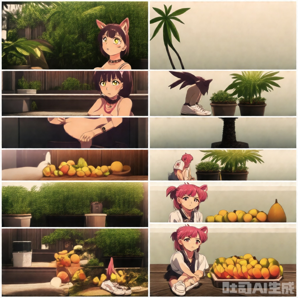 1girl, animal_ears, bangle, bracelet, food, fruit, green_eyes, green_wings, jewelry, knees_up, leaf, long_hair, palm_tree, pink_hair, plant, popsicle, potted_plant, shirt, shoes, short_sleeves, sitting, sneakers, solo, tail, watch, white_shirt, wristband, wristwatch