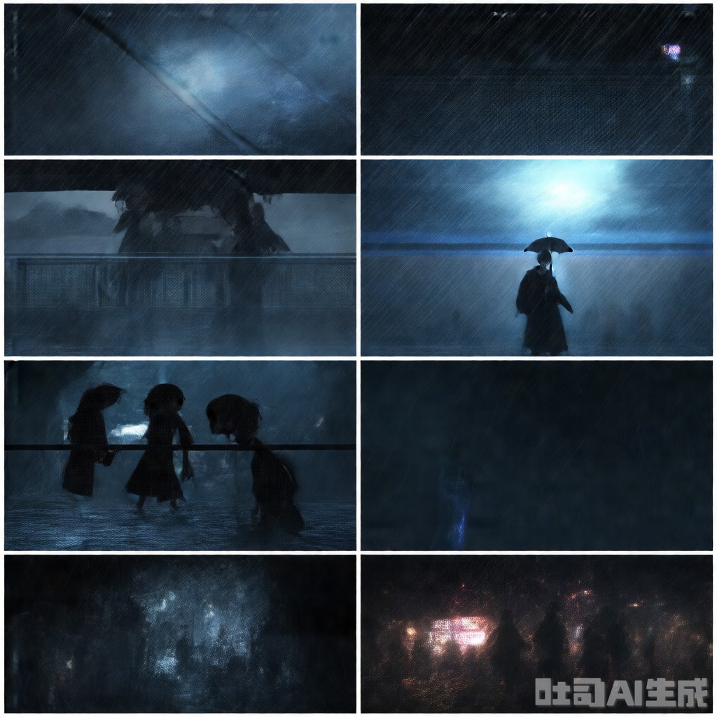 A striking 8-image collage from a animation-CinematicMasterpiece cinematic, high-resolution, ultra-detailed, epic fantasy landscape, misty atmosphere,dramatic lighting, chiaroscuro effect, warm and cold light contrast, soft shadows, highly detailed textures, realistic yet fantastical, dynamic composition#出现的角色two schoolgirls, one with a round face looking anxious and clinging to her friend, the other named Jiajia holding an umbrella and showing a look of exasperation yet concern #表演故事的场景in front of Yucai Middle School's gate, under the cover of heavy rain that masks the city's neon lights, dimly lit street corners where shadowy figures stand watching the students leave the school grounds #情绪与蒙太奇an atmosphere of unease mixed with youthful innocence, the tension of whispered fears about a rain night killer, a sense of urgency as they realize the need to go home before the weather worsens #配色括弧这里是冷色调也可以选都市夜景色调之类的dominant hues of deep blues and grays reflecting the heavy downpour, contrasting with the occasional bright neon colors from the city's lights, creating a moody and atmospheric scene,luka_20250624o1