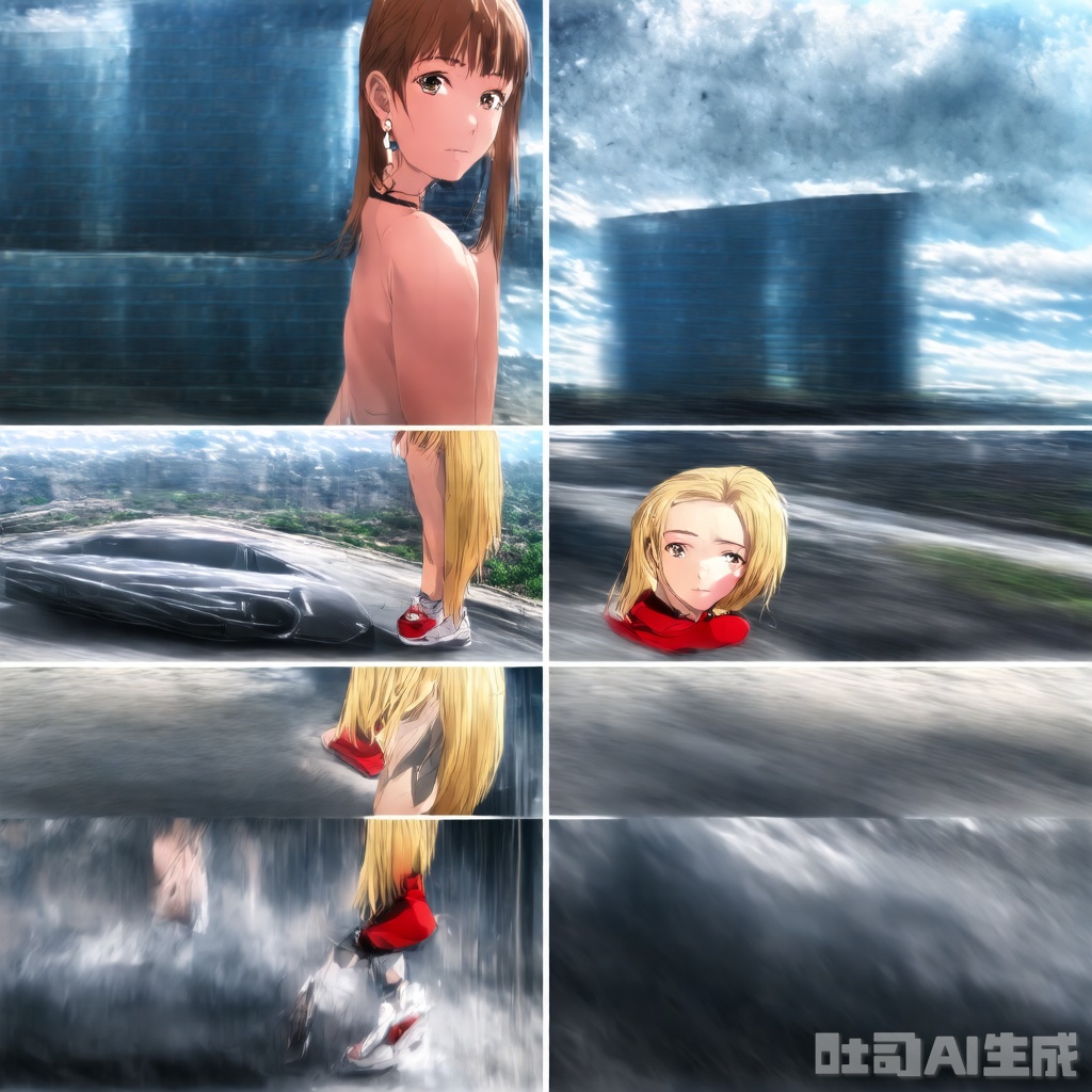  1girl,blonde hair,blue sky,blurry background,building,city,cloud,cloudy sky,day,depth of field,earrings,from below,ground vehicle,full body,From below,Looking up,Shoes close to the camera,Sitting on the roof of the car,Red sports shoes,Sitting posture,jewelry,lips,long hair,looking at viewer,motion blur,motor vehicle,outdoors,parted lips,red footwear,shoes,sitting,sky,skyscraper,sneakers,solo