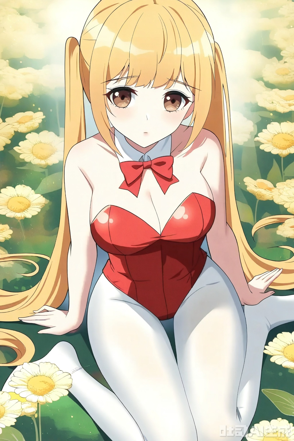 1girl, solo, long hair, breasts, looking at viewer, bangs, blonde hair, bow, cleavage, bare shoulders, twintails, brown eyes, medium breasts, very long hair, pantyhose,bowtie, red bow, leotard, strapless, detached collar, playboy bunny, red bowtie,strapless leotard, white pantyhose,red leotard, 

Sit on the ground,full body,looking at viewer,flower field,flower field,