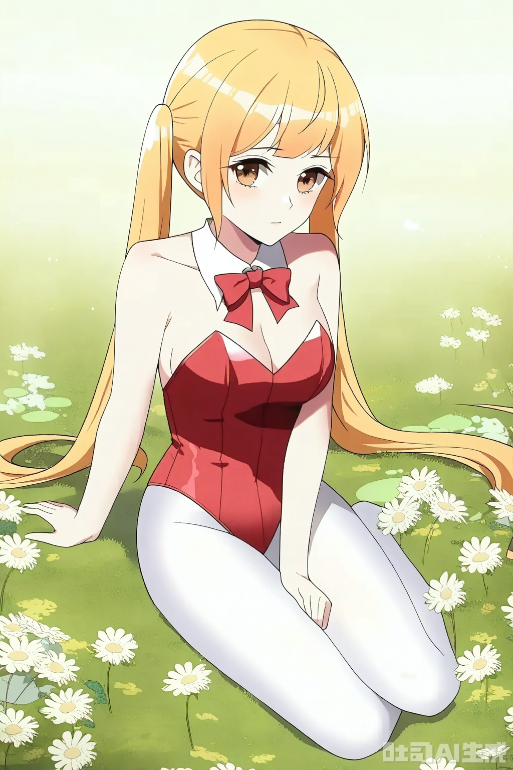 1girl, solo, long hair, breasts, looking at viewer, bangs, blonde hair, bow, cleavage, bare shoulders, twintails, brown eyes, medium breasts, very long hair, pantyhose,bowtie, red bow, leotard, strapless, detached collar, playboy bunny, red bowtie,strapless leotard, white pantyhose,red leotard, 

Sit on the ground,full body,looking at viewer,flower field,flower field,