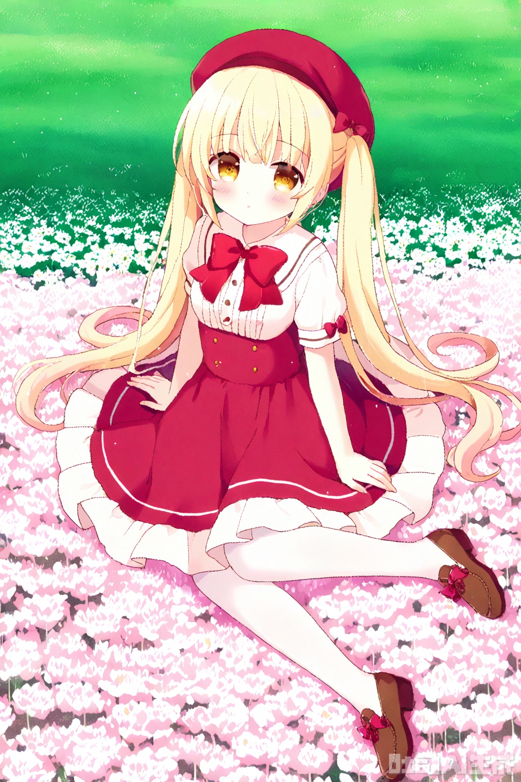 1girl, solo, long hair, skirt, blonde hair, hat, dress, bow, twintails, yellow eyes, short sleeves, pantyhose, red bow, white pantyhose,


Sit on the ground,full body,looking at viewer,flower field,flower field,
