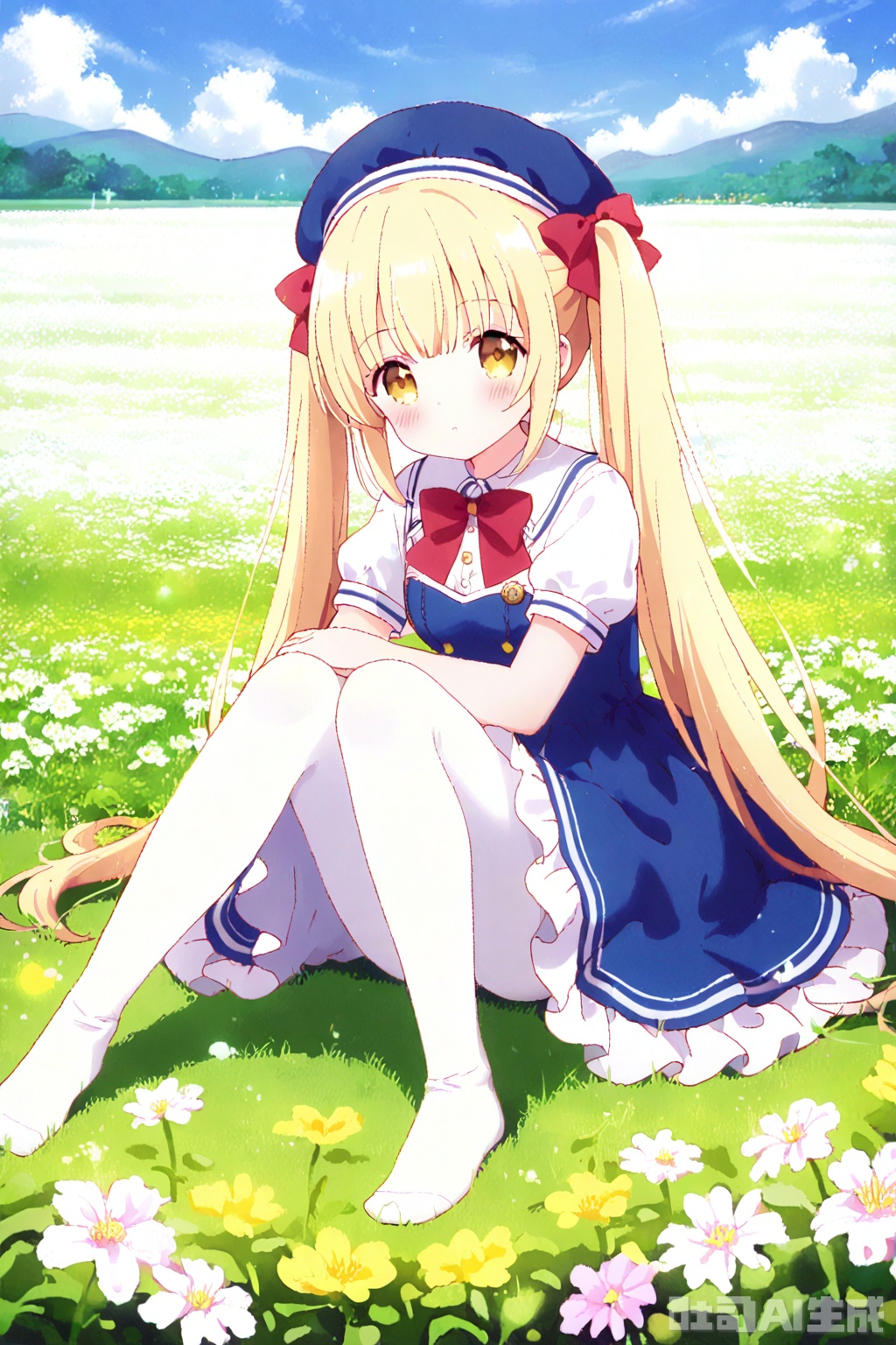 1girl, solo, long hair, skirt, blonde hair, hat, dress, bow, twintails, yellow eyes, short sleeves, pantyhose, red bow, white pantyhose,


Sit on the ground,full body,looking at viewer,flower field,flower field,