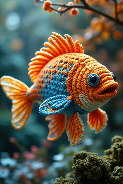 A close-up shot of a meticulously crafted crochet art piece depicting an ikan (fish). The fish is positioned centrally,  w...