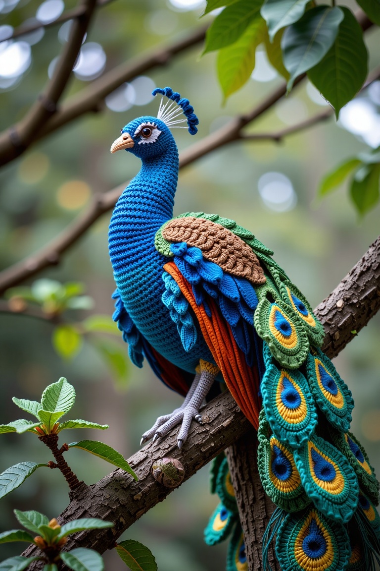 A peacock entirely handcrafted crochet,  vivid yarn feathers blues,  greens on Tensor.Art