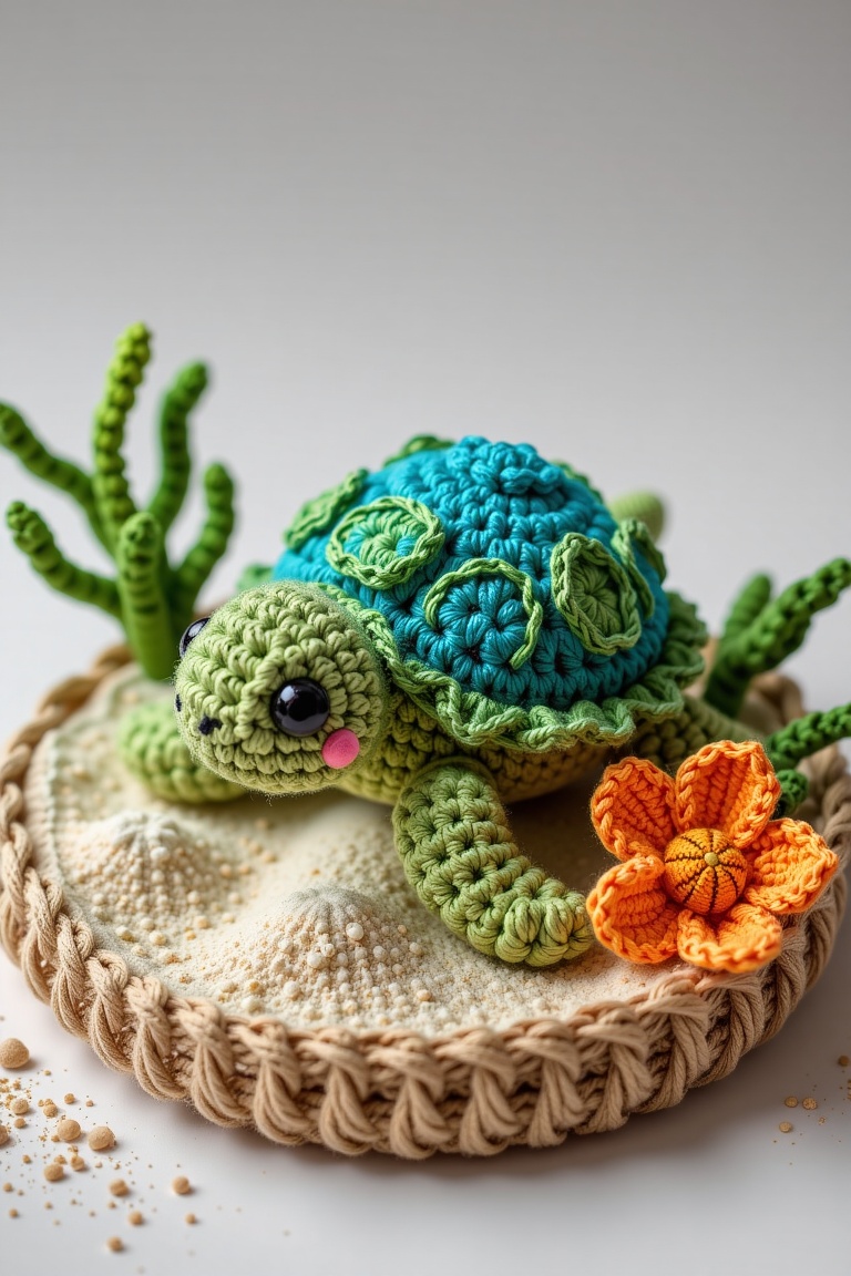 Create a crochet art piece featuring a turtle,  incorporating intricate details such as the texture of its shell and the s...