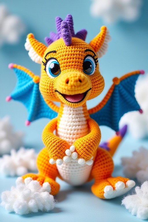 The image shows a colorful,  crocheted dragon toy with vibrant yellow and orange fur,  blue wings on Tensor.Art