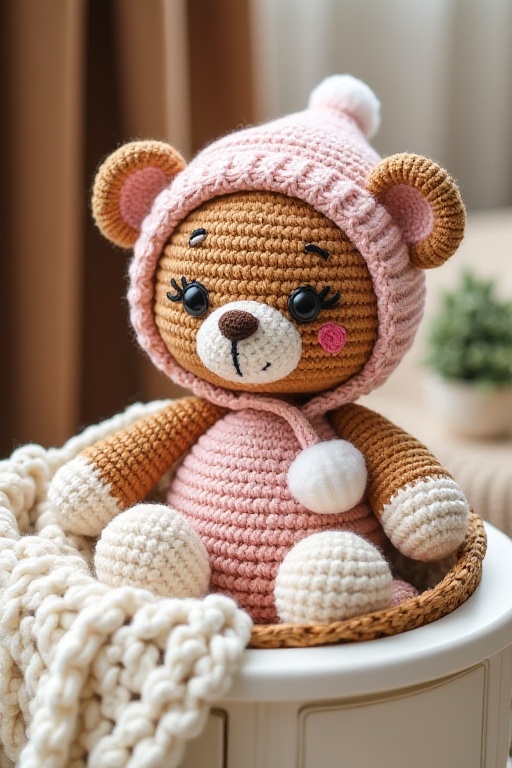 "A handmade crochet teddy bear made from plush yarn. The bear has a large round head in light brown color,  with two small...