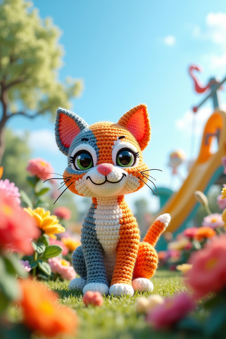 A cute chibi cat sitting in a colorful garden at a playground. The sky is a beautiful blue. Flowers of various colors bloo...