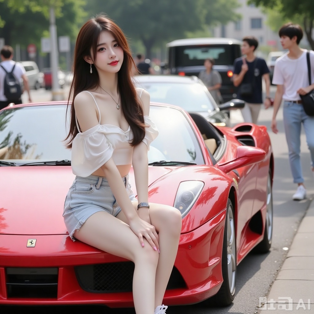  A young woman is sitting on a Ferrari sports car on the roadside. She was wearing off the shoulder and crop tops, super shorts,light colored pan, and white sneakers. Necklace, watch, earrings, jade bracelet, ankle chain, her skin is fair and delicate, with a white luster. Her waist circumference is very thin, and her long hair is brown, outlining her face. Beautiful hair, tied in a ponytail, and rose colored lips. Pink nails, full body, facing the audience, low angle shooting. Background: University town, students passing by, a Rolls Royce Phantom parked on the roadside, a real photo, a drop of water, a girl, of the best quality, a masterpiece, a beautiful woman
