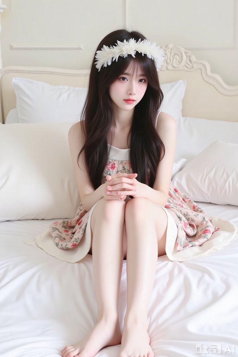 The image shows a person sitting on a bed with white bedding and pillows. The person is wearing a white, frilled headband and a floral-patterned dress. They have long, dark hair and are sitting with their hands clasped together in front of them. The background includes a white headboard and a light-colored wall. The overall setting appears to be a bedroom.bare feet