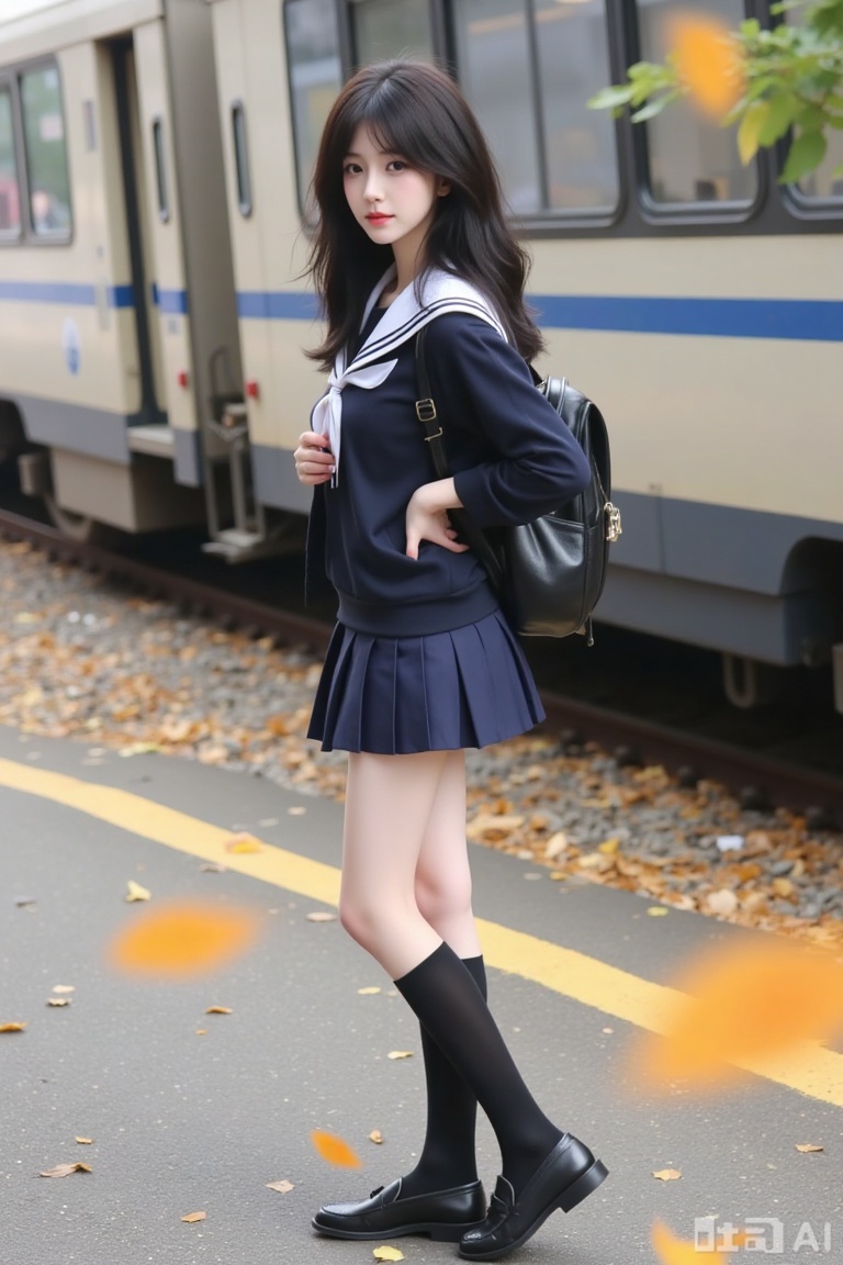 1girl,solo,socks,bangs,black hair,shoes,backpack,bag,closed mouth,looking to the side,looking at viewer,black socks,black footwear,kneehighs,long sleeves,loafers,serafuku,school uniform,skirt,pleated skirt,standing,outdoors,train station,train,railroad tracks,ground vehicle,leaf,maple leaf,autumn,autumn leaves,reflection,depth of field,blurry,from side,full body,