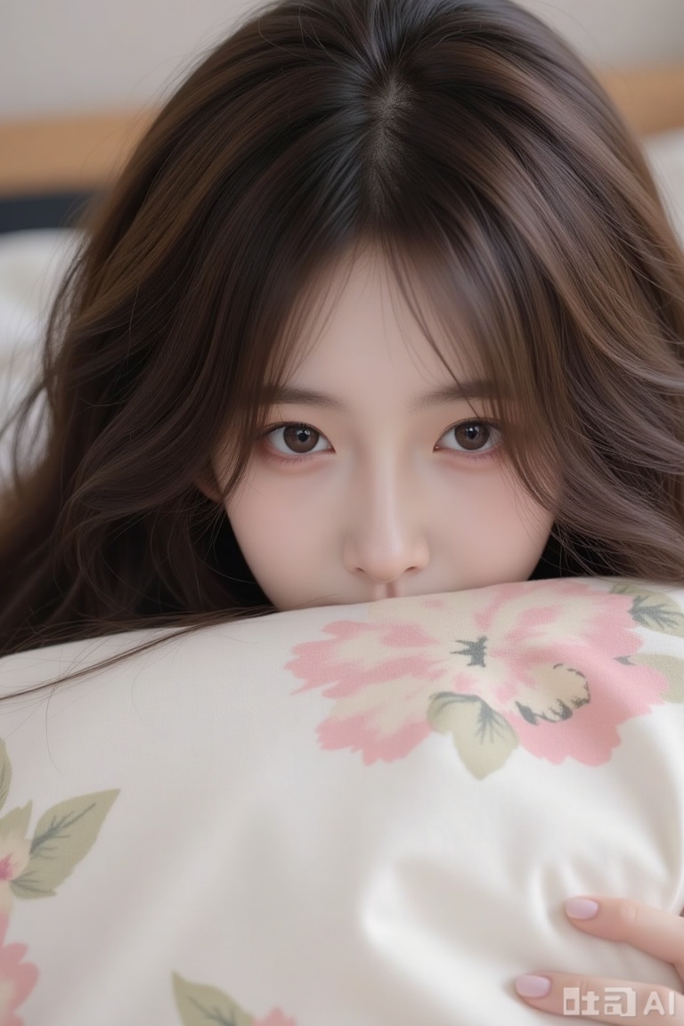 The image depicts a person with long, flowing hair, partially covered by a pillow. The pillow has a floral design with soft pastel colors, including pink and white. The person's eyes are visible, looking directly at the camera. The background is blurred, giving a dreamy, ethereal effect. The overall tone of the image is soft and serene, with a focus on the delicate textures of the hair and the pillow.