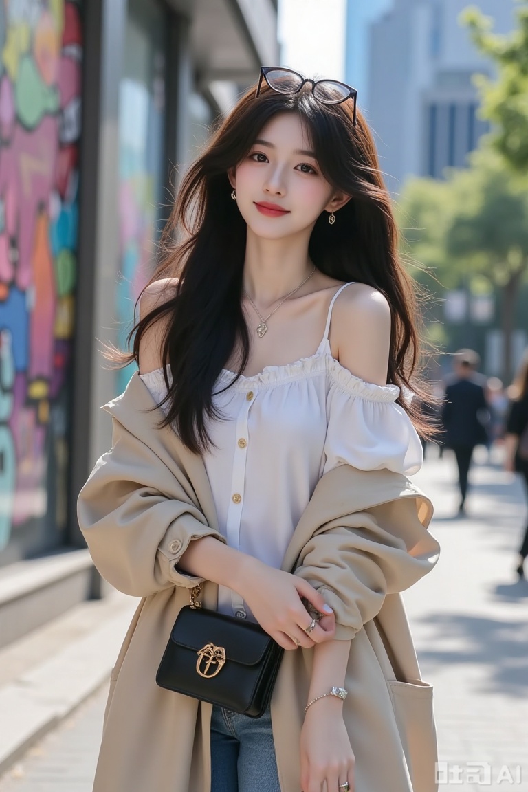 A young woman posing in a vibrant city street scene with colorful graffiti art on the walls and modern glass buildings in the background. The sunlight is bright and warm, casting soft shadows and highlights.There is a camera on her neck.  She is standing full body, facing the camera with a confident and friendly smile. Her outfit is trendy and fashionable: a crisp white button-down blouse with subtle ruffles at the cuffs.she wears black leather ankle boots with a low heel. Over her shoulders, she has a light beige trench coat draped casually. Her accessories include a delicate silver chain necklace, a matching bracelet, and oversized sunglasses pushed up on her head. Her hair is long, dark, and wavy, flowing freely in a gentle breeze. She holds a small, structured black handbag with gold hardware. The overall look is polished and chic, perfect for a day out in the city. The atmosphere is lively yet relaxed, with a few pedestrians blurred in the distant background to add depth but no other people clearly visible. The shot is taken from a medium angle, capturing her entire figure and the stylish urban environment.