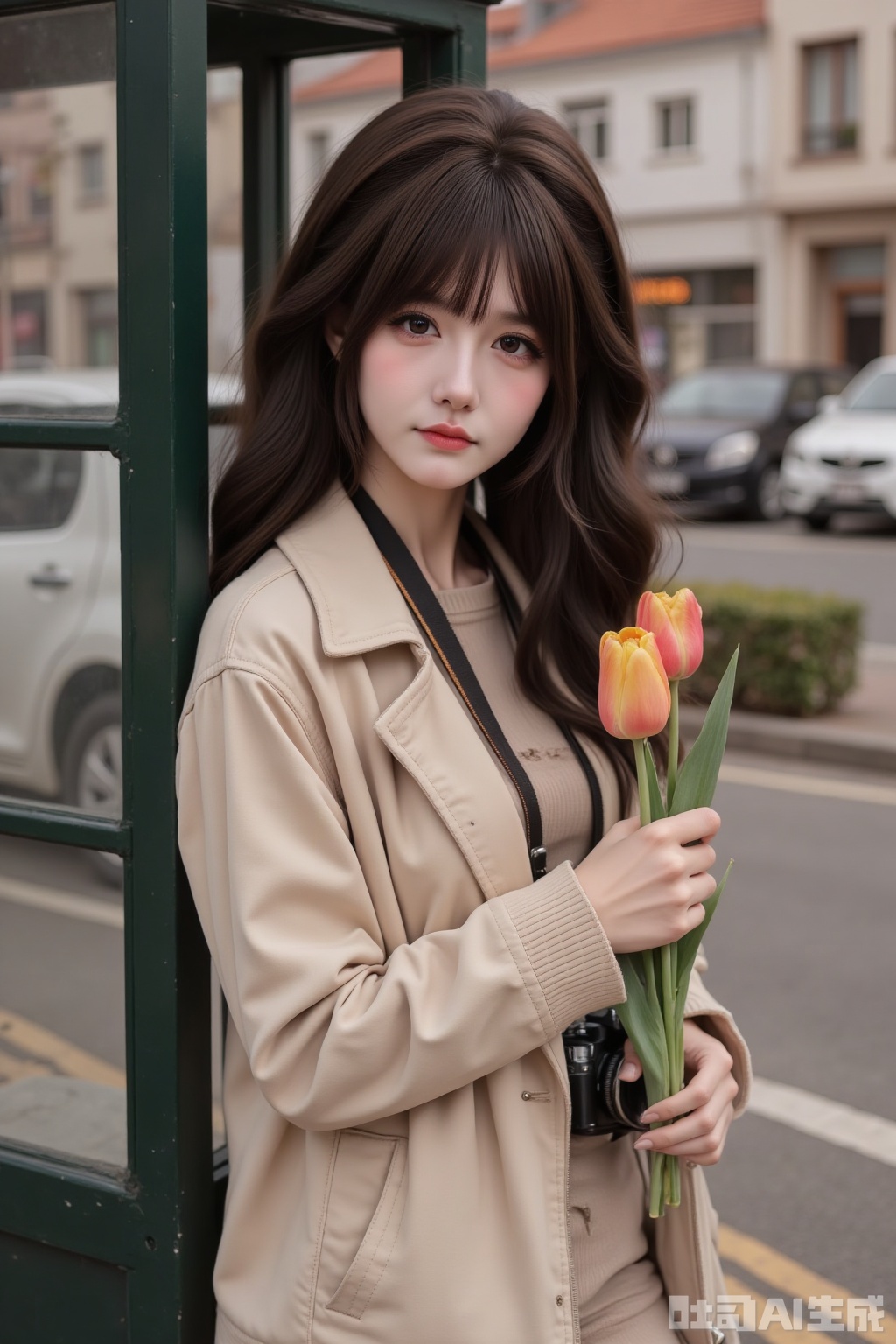This is a Japanese -style portrait photography. In the picture, a woman is wearing a beige jacket and leaning on a dark green phone booth with a few bright tulips in her hand, her expression is gentle and quiet. There is a camera on her neck. The background is urban streets. There are vehicles and buildings. The overall atmosphere is literary and full of life, caught a beautiful moment in daily life.