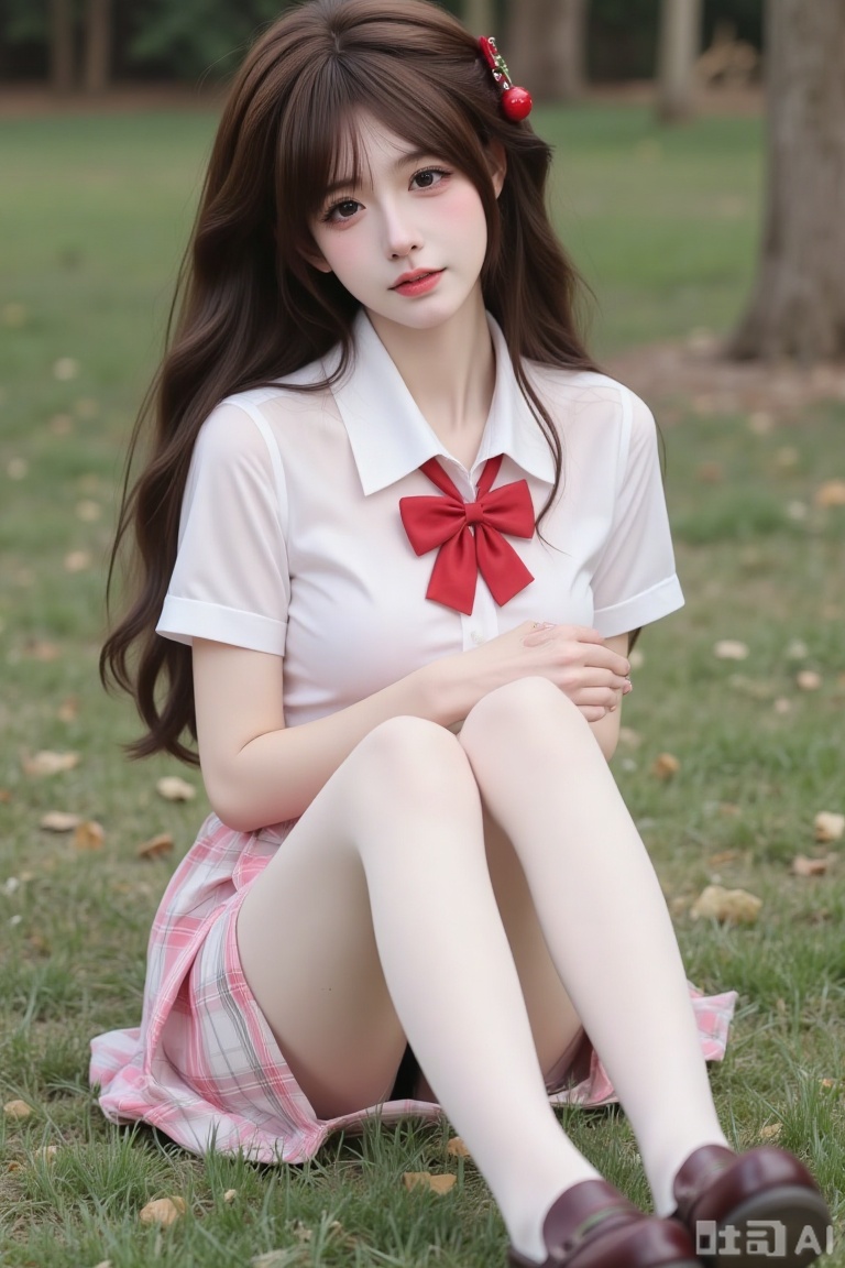 side-view, full-body portrait of a young beauty. She possesses flowing long hair secured with a delicate hair clip. She wears a classic school uniform: a collared white shirt with short sleeves, featuring a red bowtie at the neckline. Her large breasts fill the crisp white fabric. The ensemble includes a pink and white tartan plaid skirt, white pantyhose, and dark brown loafers.Her hair is styled with a red cherry hair accessory on one side.she is sitting on the lawn while her legs stretching