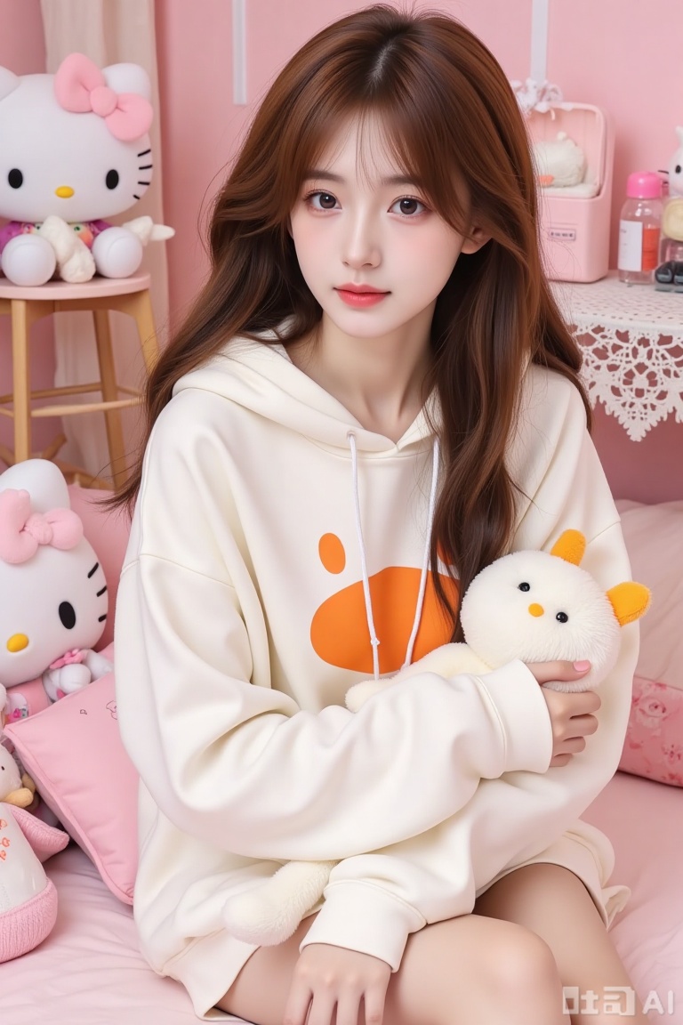The image shows a person sitting on a bed, wearing a white hoodie with an orange face design on the front. The person has long, wavy brown hair and is holding a plush toy with a white body and orange ears. The background includes a pink bed with pillows, a lace-patterned tablecloth, and various plush toys and accessories, including a Hello Kitty figure and a small pink and white stuffed animal. The overall setting appears to be a cozy, playful room, possibly a child's bedroom or a personal space for someone who enjoys cute and whimsical items.