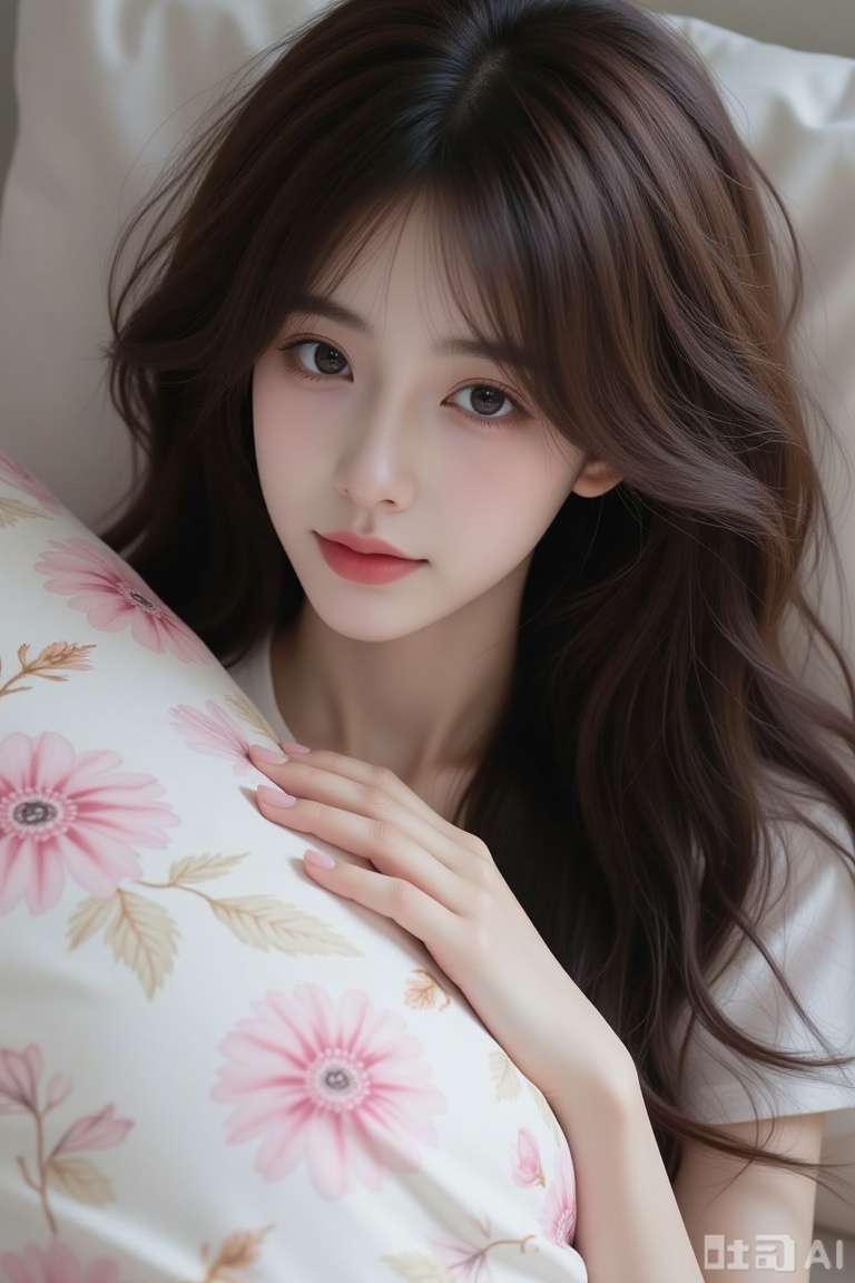 The image depicts a person with long, flowing hair. The pillow has a floral design with soft pastel colors, including pink and white. The person's eyes are visible, looking directly at the camera. The background is blurred, giving a dreamy, ethereal effect. The overall tone of the image is soft and serene, with a focus on the delicate textures of the hair and the pillow.