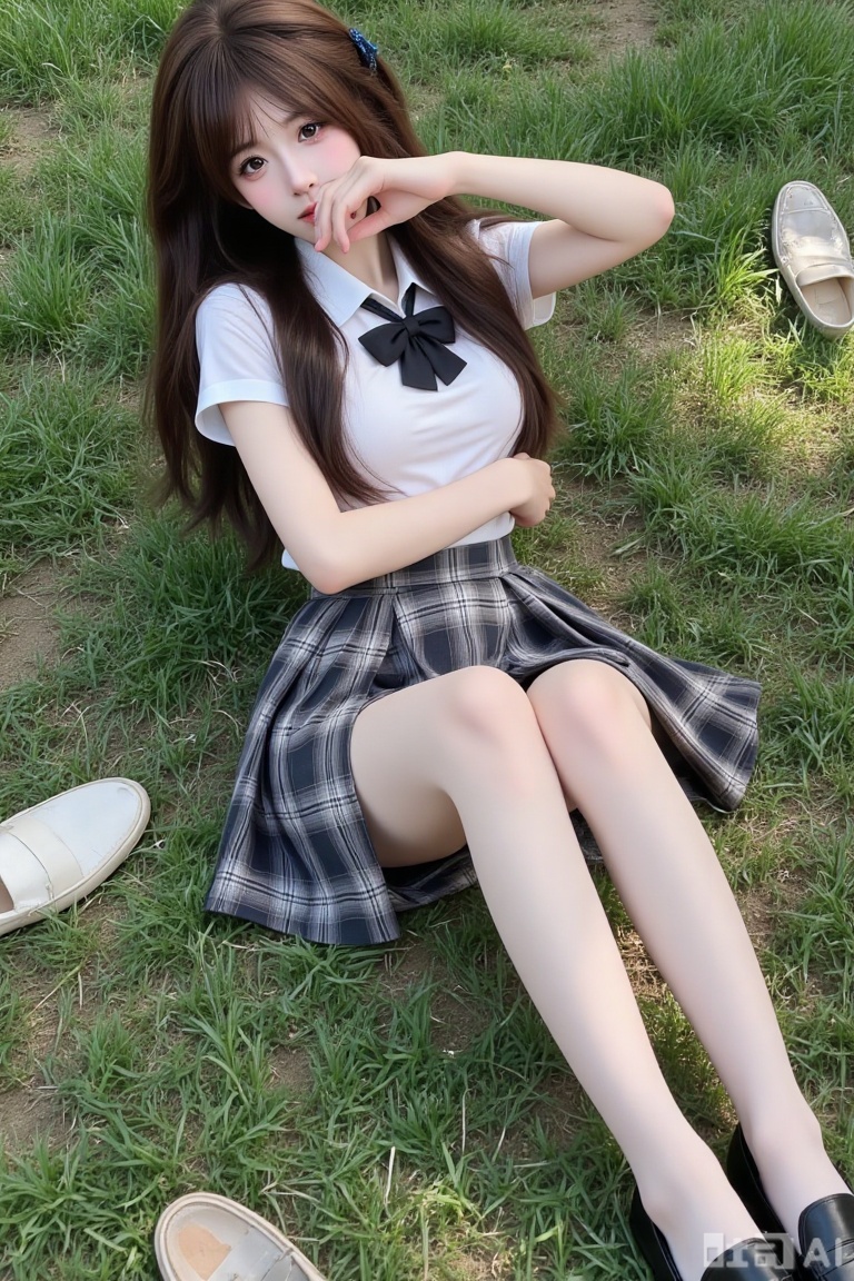 ultra-detailed realistic portrait of a solo 1girl lying on the lawn. Full-body view from above showing long brown hair, huge breasts, and school uniform: collared white shirt with short sleeves, a plaid skirt, black bowtie. Wears white pantyhose and black loafers. One hand resting on face. Outdoor photo background with clear shoe details. Hyper-realistic texture and lighting