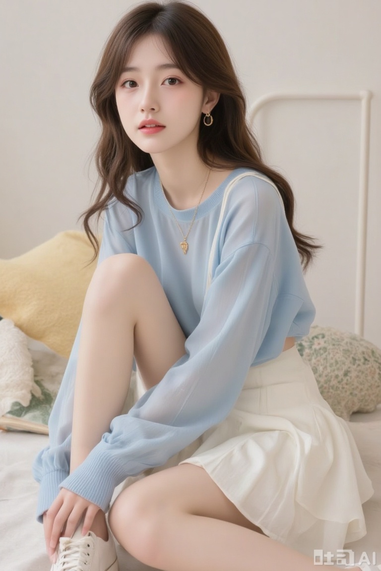 a young woman,sitting,full body,fashion outfits,random stuff,random outfits,random pose