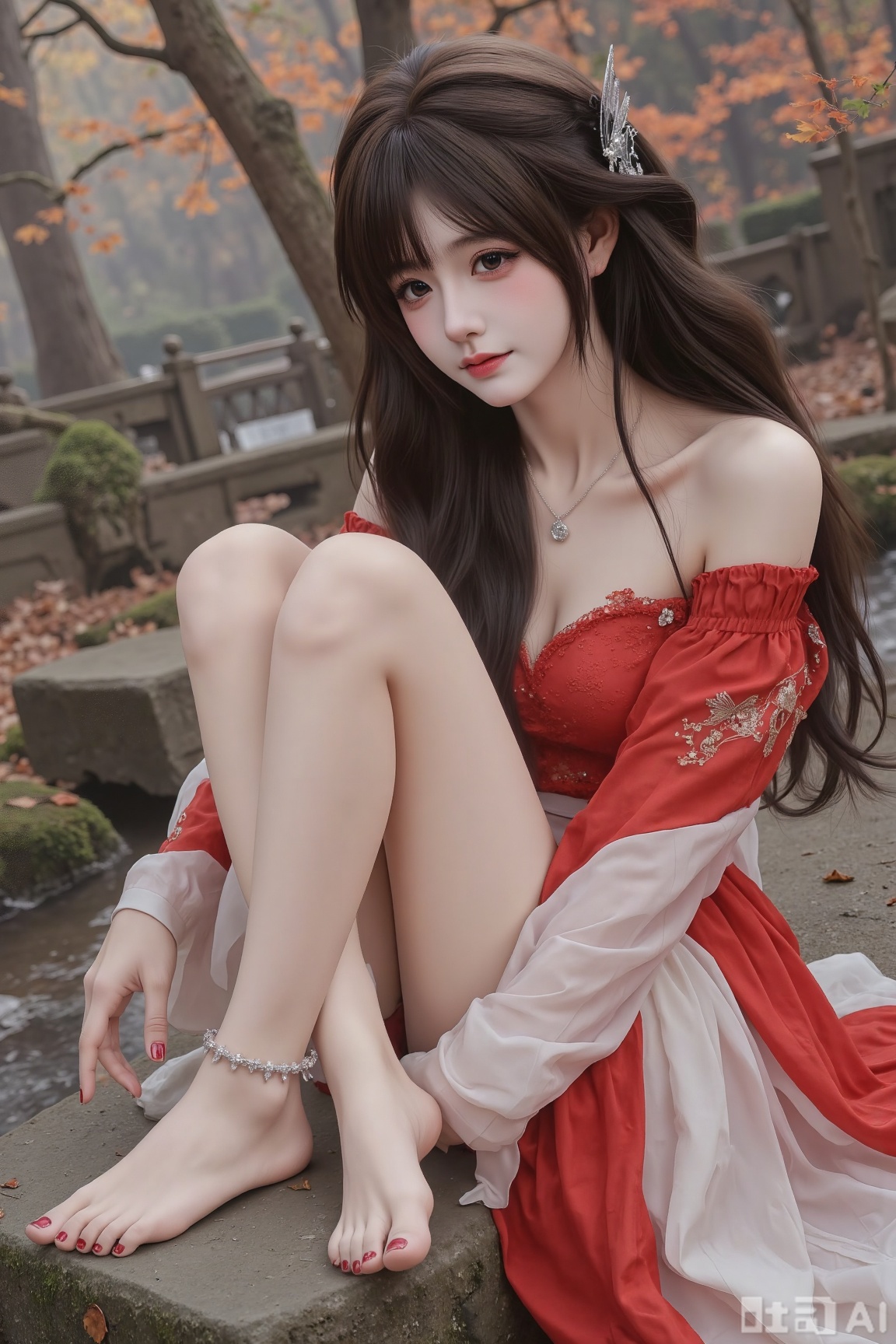 Main Character - Appearance: Long, glossy black hair is adorned with delicate hair ornaments. The face is beautiful, with three - dimensional facial features, including almond - shaped eyes. Wears earrings and a necklace. Eyebrows are like willow leaves, and the lip color is natural. - Clothing: Dressed in a red - and - white long skirt. The skirt features exquisite decorations, and the sleeves are wide and flowing. - Accessories: Wears a silver anklet on the ankle. The anklet has small diamonds and pendants. Toenails are painted with red, transparent, glittery nail polish. Bare - footed. - Movement: Leans sideways and sits on a stone. One leg is extended with the toes gently touching the step in the stream below. The other leg is bent and raised. One hand naturally rests on the stone, while the other hand is relaxed by the side of the body. Environmental Atmosphere - Scene: In a mist - shrouded forest, there are ancient stones covered with moss. Surrounded by tall trees, maple trees, fallen leaves, and moss. - Lighting: Soft natural light creates a hazy and serene atmosphere