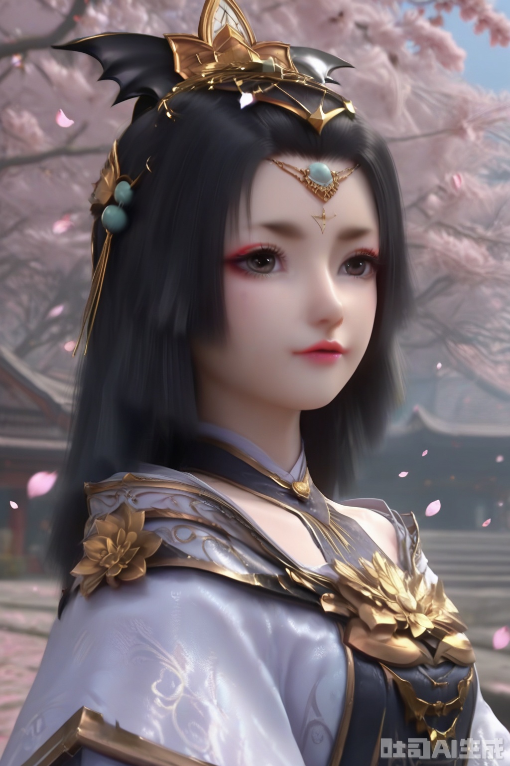 masterpiece, best quality, masterpiece,best quality,official art,extremely detailed CG unity 8k wallpaper, 1girl,solo,long hair,looking at viewer,black hair,makeup,hair ornament,long sleeves,dress,puffy sleeves,lips,realistic,outdoors,Cherry Blossoms,petals
