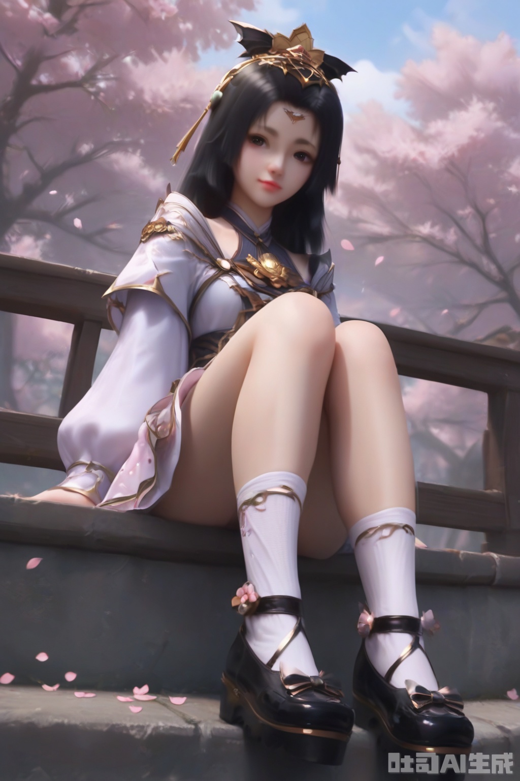 score_9,score_8_up,score_7_up, 1girl,solo,looking at viewer,looking at viewer,looking at viewer,black hair,hair ornament,long hair,long sleeves,dress,puffy sleeves,lips,outdoors,Cherry Blossoms,petals,facing viewer,faceoff,bow,black footwear,socks,happiness,happiness,happiness,railing,thighs,against fence,shoes,mary_janes, bobby socks, full body,sitting,knees up,full body,knees up,from below,