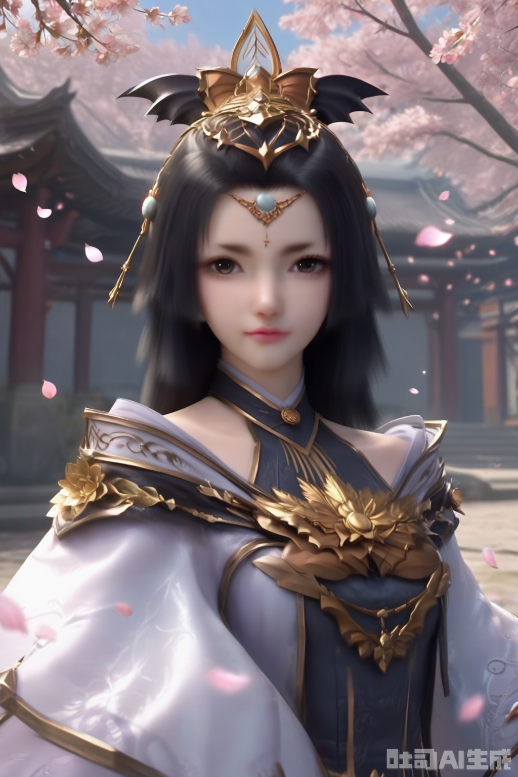 masterpiece, best quality, masterpiece,best quality,official art,extremely detailed CG unity 8k wallpaper, 1girl,solo,long hair,looking at viewer,looking at viewer,looking at viewer,black hair,hair ornament,long sleeves,dress,puffy sleeves,lips,realistic,outdoors,Cherry Blossoms,petals,facing viewer,faceoff,