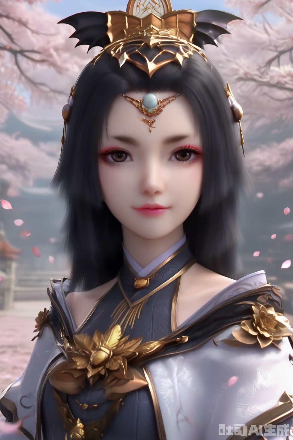 masterpiece, best quality, masterpiece,best quality,official art,extremely detailed CG unity 8k wallpaper, 1girl,solo,long hair,looking at viewer,looking at viewer,looking at viewer,black hair,makeup,hair ornament,long sleeves,dress,puffy sleeves,lips,realistic,outdoors,Cherry Blossoms,petals,facing viewer,faceoff