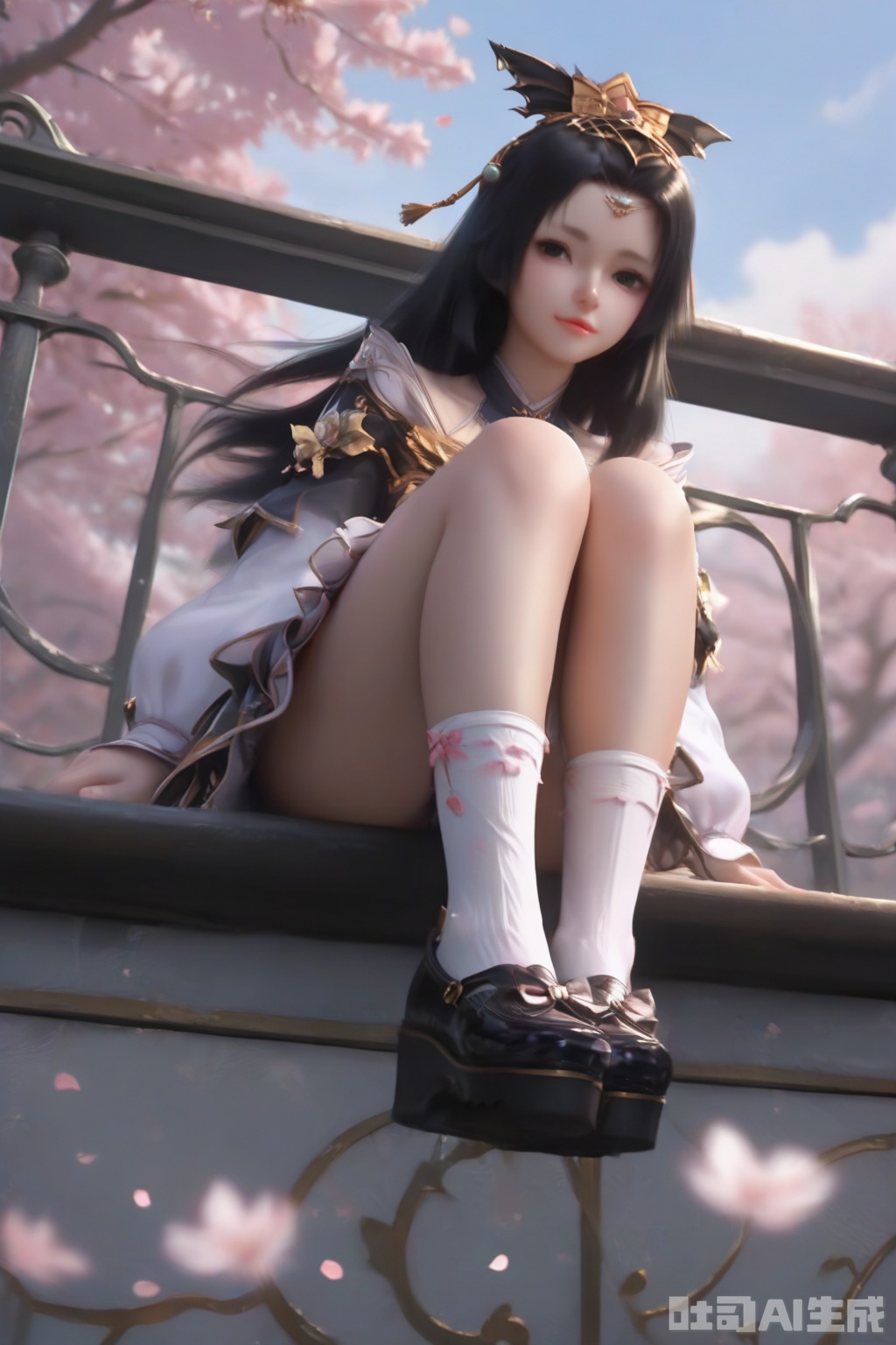 score_9,score_8_up,score_7_up, 1girl,solo,looking at viewer,looking at viewer,looking at viewer,black hair,hair ornament,long hair,long sleeves,dress,puffy sleeves,lips,outdoors,Cherry Blossoms,petals,facing viewer,faceoff,bow,black footwear,socks,happiness,happiness,happiness,railing,thighs,against fence,shoes,mary_janes, bobby socks, full body,sitting,knees up,full body,knees up,from below,