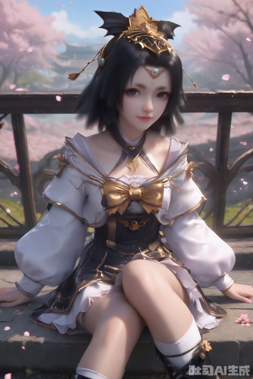 score_9,score_8_up,score_7_up, 1girl,solo,looking at viewer,looking at viewer,looking at viewer,black hair,hair ornament,long sleeves,dress,puffy sleeves,lips,outdoors,Cherry Blossoms,petals,facing viewer,faceoff,bow,black footwear,socks,happiness,happiness,happiness,railing,thighs,against fence,shoes,mary_janes, bobby socks, full body,sitting,knees up,full body,