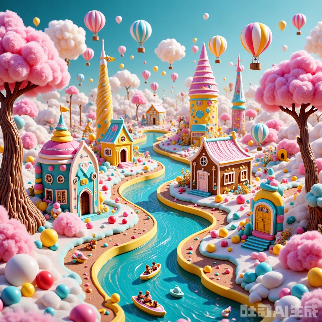 Food Ingredients Scenery, this painting depicts a whimsical, colorful landscape that looks like a fantasy village. It features a winding river with small boats floating around, surrounded by vibrant, soft-colored houses and buildings. The architectural style is whimsical, with dome structure and striped beach cottages. Here are pink cherry trees, and hot air balloons float in the sky, adding to a dreamy atmosphere. The whole scene is bright and cheerful with an interesting, surreal aesthetic.