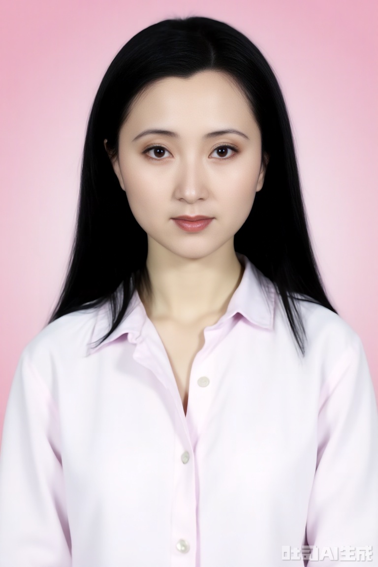 IPBD,A photograph of a young Asian woman with long,straight black hair,fair skin,and delicate features. She wears a light pink button-up shirt,set against a gradient pink background. Her expression is neutral,and she gazes directly at the camera. The image is well-lit,highlighting her smooth skin and subtle makeup.,