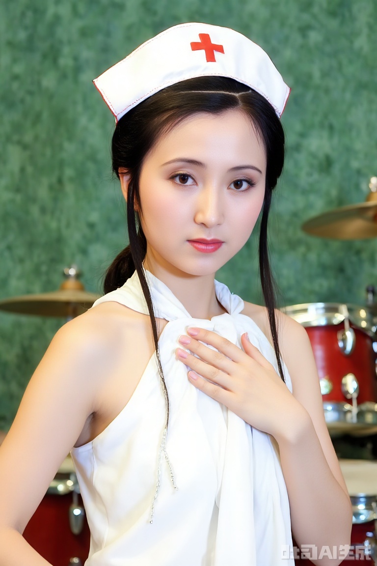 a vibrant young Asian woman,dressed in a white nurse's cap,adorned with a red cross,stands in front of a red drum set. Her hair is pulled back in a ponytail,cascading over her shoulders. She is wearing a white halter top,adorned by a silver chain,adding a pop of color to her outfit. Her eyes are a piercing blue,and her eyebrows are a darker shade of brown. Her lips are a lighter shade of pink. Her left hand is resting on her hip,while her right hand is draped over her chest. The backdrop is a green wall,