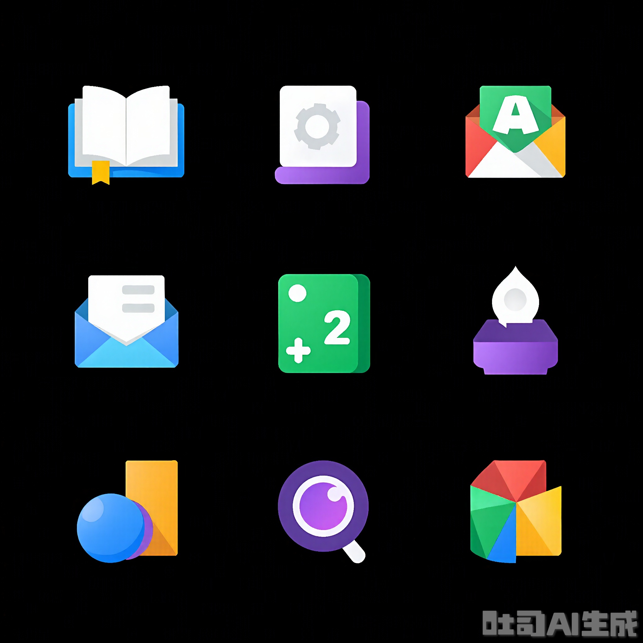 PMUI, A digital illustration featuring nine colorful, flat icon-style images on a black background. The icons include a book, a calendar, a file folder, a green chart, an envelope, a plus sign, a speech bubble, a purple circle, and a colorful pie chart. The icons are arranged in a 3x3 grid, each with a distinct color and design. The illustration is simple and modern, with a minimalistic style.