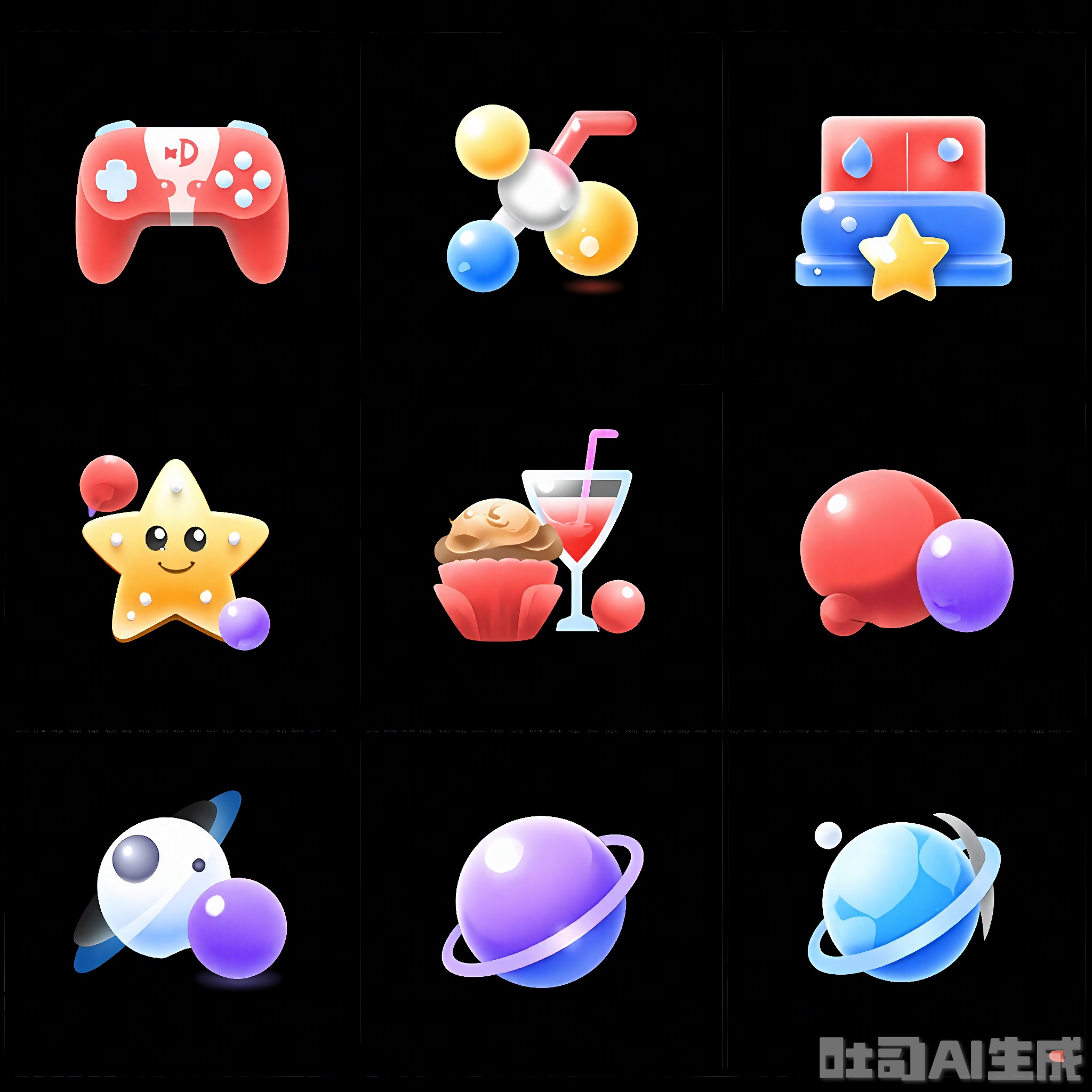 PMUI, A grid of nine colorful, 3D, cartoon-style icons on a black background. Each icon represents a different object or activity: a video game controller, a star, a cocktail glass with a straw, a video game console, a cupcake, a starfish, a purple and red ball, a planet, and a spaceship. The icons are glossy with gradients and reflections, giving them a vibrant and playful appearance. The grid has a black checkered pattern behind the icons.
