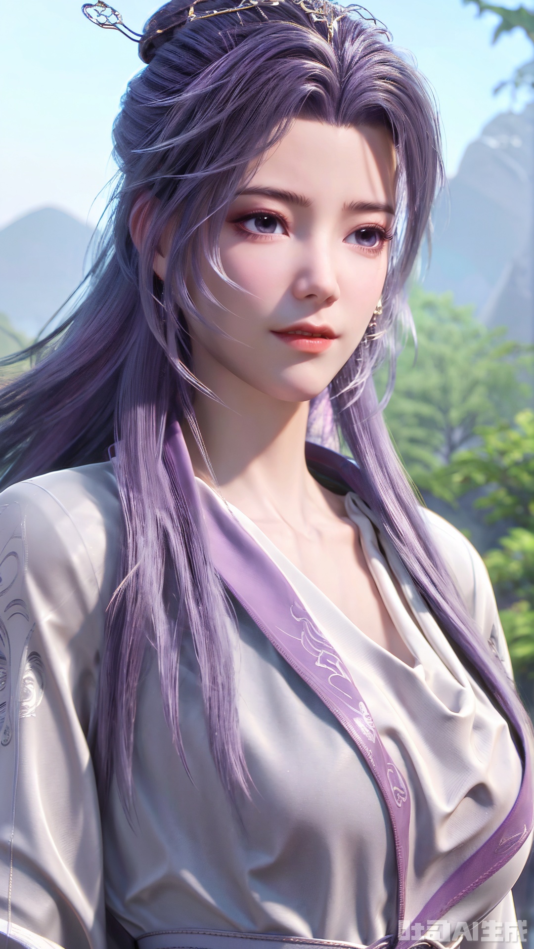 masterpiece,1girl, solo, long hair, breasts, large breasts, shirt, long sleeves, jewelry, purple eyes, white shirt, upper body, purple hair, flower, outdoors, necklace, lips, plant, half updo,(big breasts:1.59),Yunxiao_Fairy, hanfu,Xtianhuxiaobai,Xyunluo,XyunxianY,XyunyunXYK