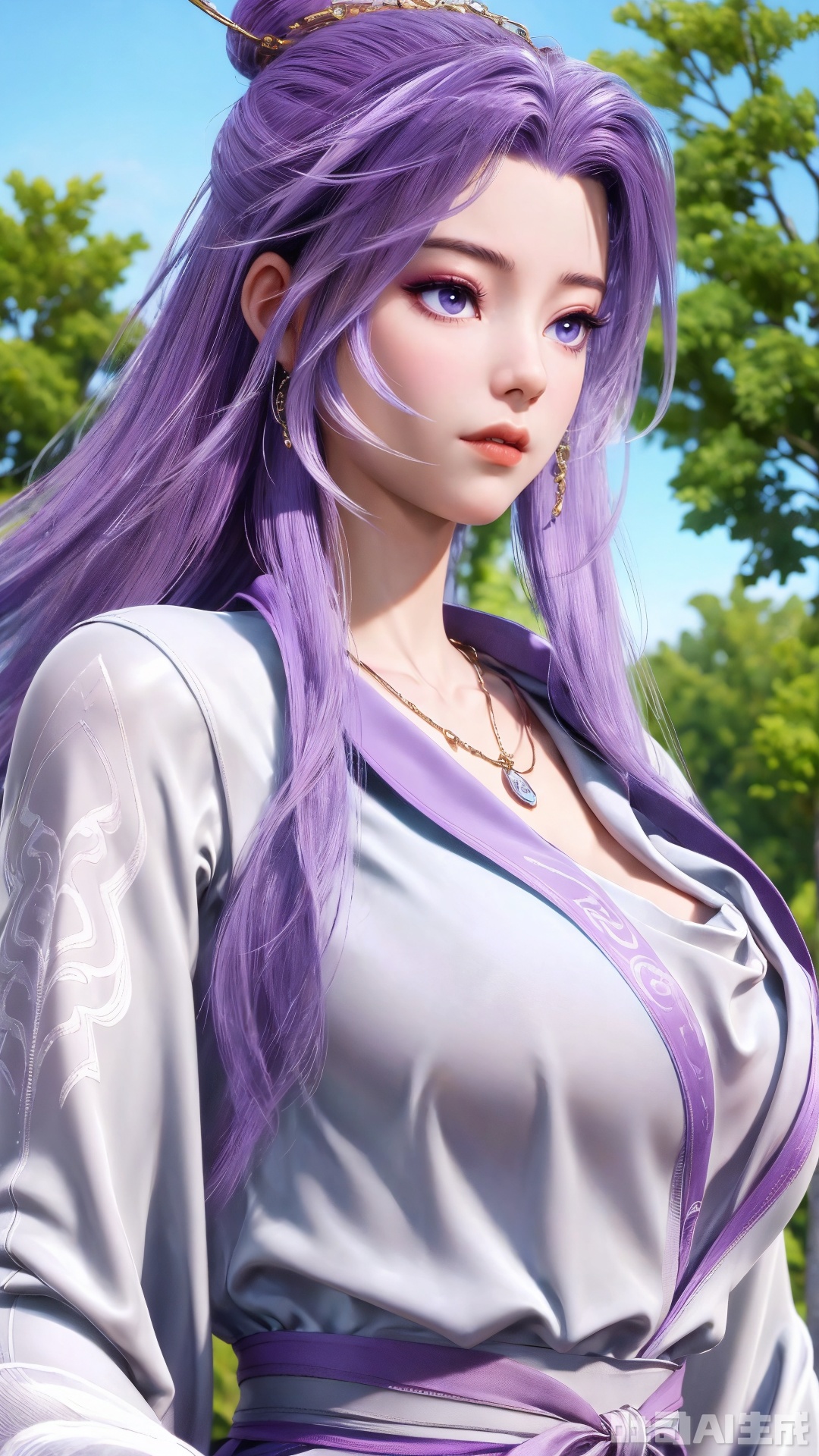 masterpiece,1girl, solo, long hair, breasts, large breasts, shirt, long sleeves, jewelry, purple eyes, white shirt, upper body, purple hair, flower, outdoors, necklace, lips, plant, half updo,(big breasts:1.59),Yunxiao_Fairy, hanfu,Xtianhuxiaobai,Xyunluo,XyunxianY,XyunyunXYK