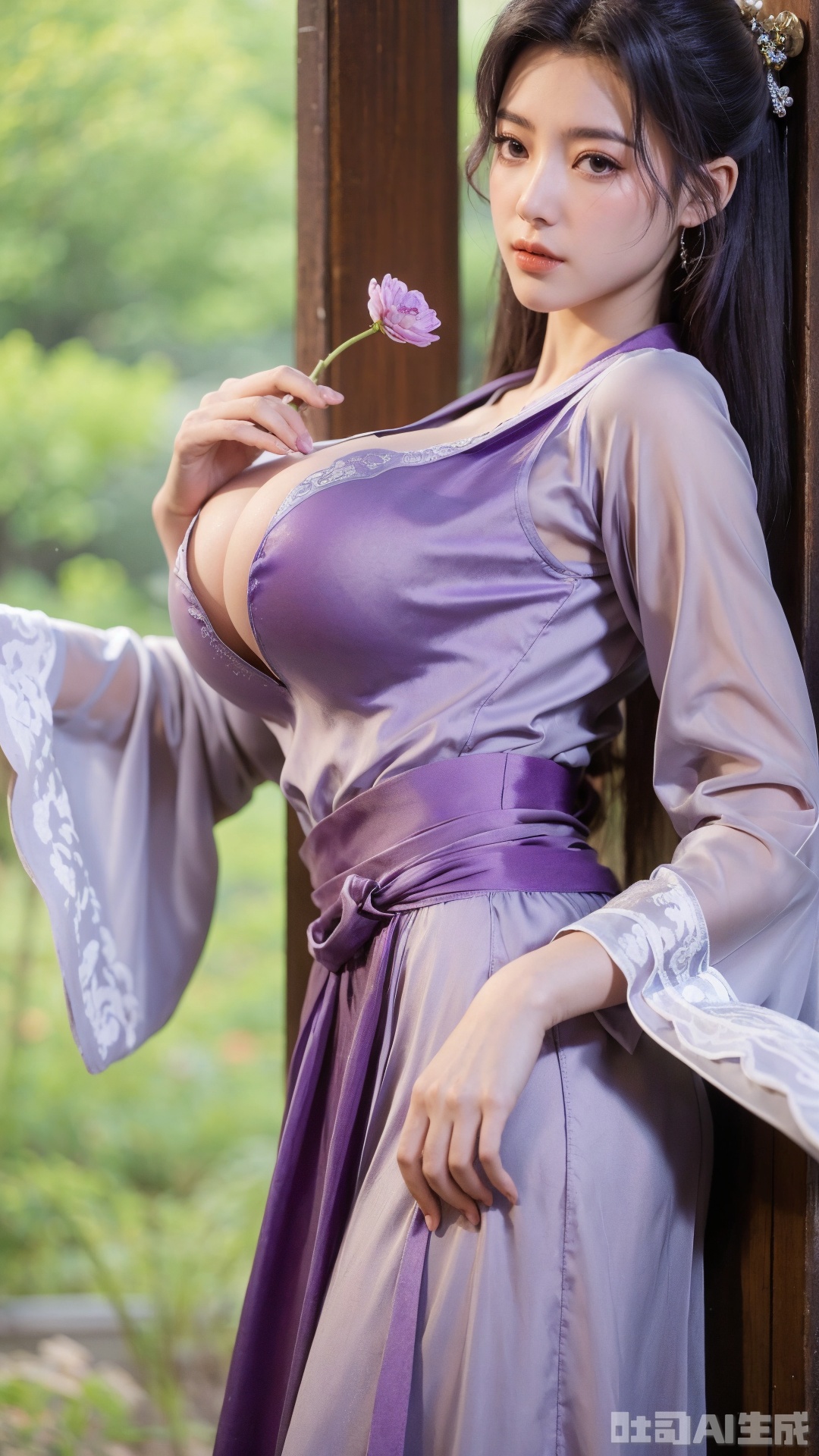 masterpiece,qingyi,danya,1girl,black hair,hanfu,(flower:1.5),realistic,hair ornament,chinese clothes,(purple dress:1.39),black eyes,long sleeves,holding,holding flower,,hanfu,cho girl, longfeihanfu,looking at viewer,(big breasts:1.79),Yunxiao_Fairy, hanfu,Xtianhuxiaobai,Xyunluo,XyunxianY,XyunyunXYK