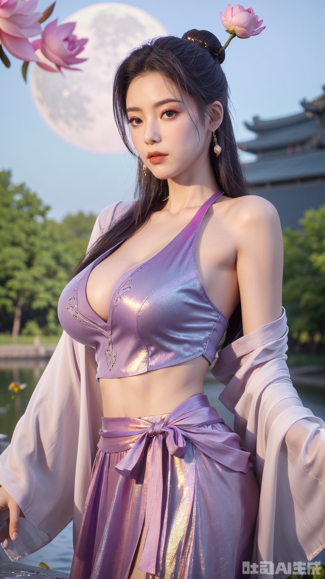 SFW,(masterpiece, best quality:1.2),1girl, navel, solo, midriff, bare shoulders, lantern, hair ornament, flower, hair flower, paper lantern, black hair, red lips,BREAK, (looking at viewer:1.23), chinese clothes,(Holographic pink-purple dress:1.36), (Rainbow Gradient Color:1.29),BREAK,purple eyes,blurry, solo focus, long hair, lips, daytime, lipstick, outdoors, upper body, blurry,(huge breasts:1.48), background, solo, makeup, hair bun,Xyunxiao,(Peony,Blue sky,moon:1.39),(Lotus pond, ancient Chinese architecture:1.39), Yunxiao_Fairy, hanfu,Xtianhuxiaobai,Xyunluo,XyunxianY,XyunyunXYK