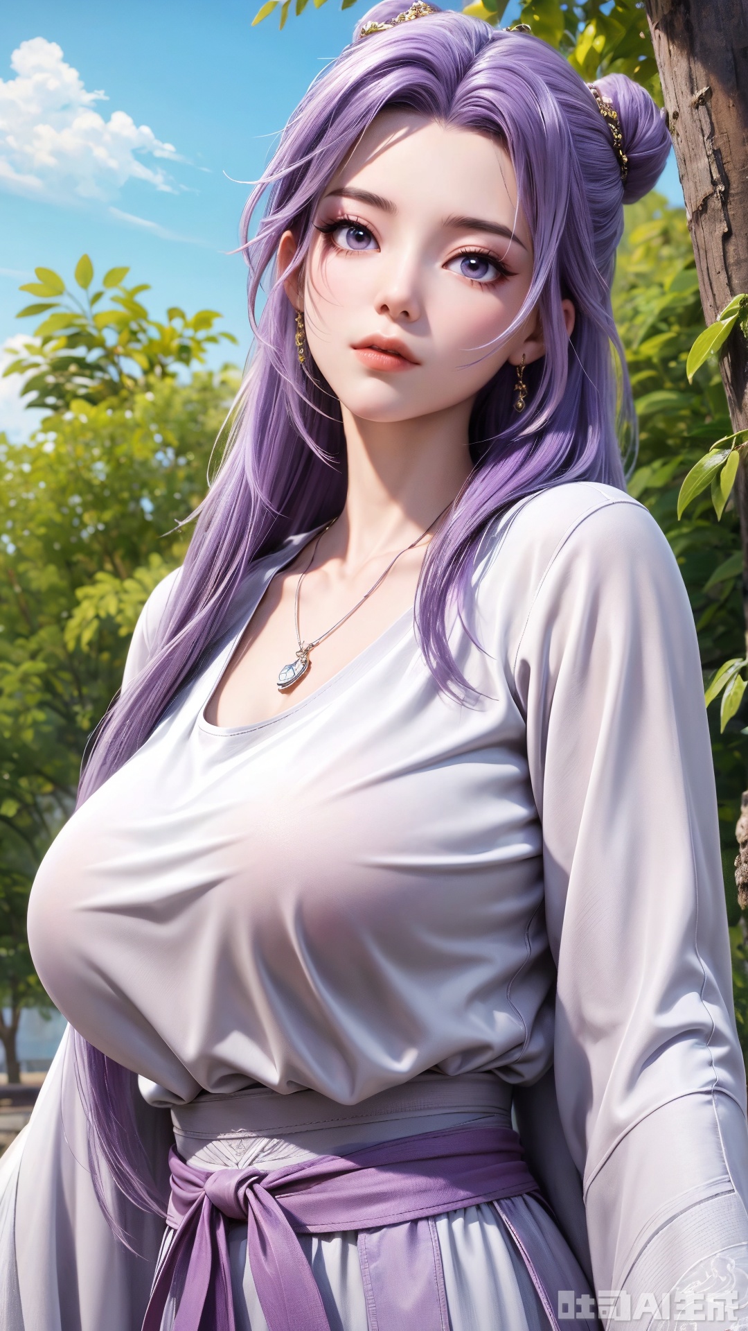masterpiece,1girl, solo, long hair, breasts, large breasts, shirt, long sleeves, jewelry, purple eyes, white shirt, upper body, purple hair, flower, outdoors, necklace, lips, plant, half updo,(big breasts:1.59),Yunxiao_Fairy, hanfu,Xtianhuxiaobai,Xyunluo,XyunxianY,XyunyunXYK