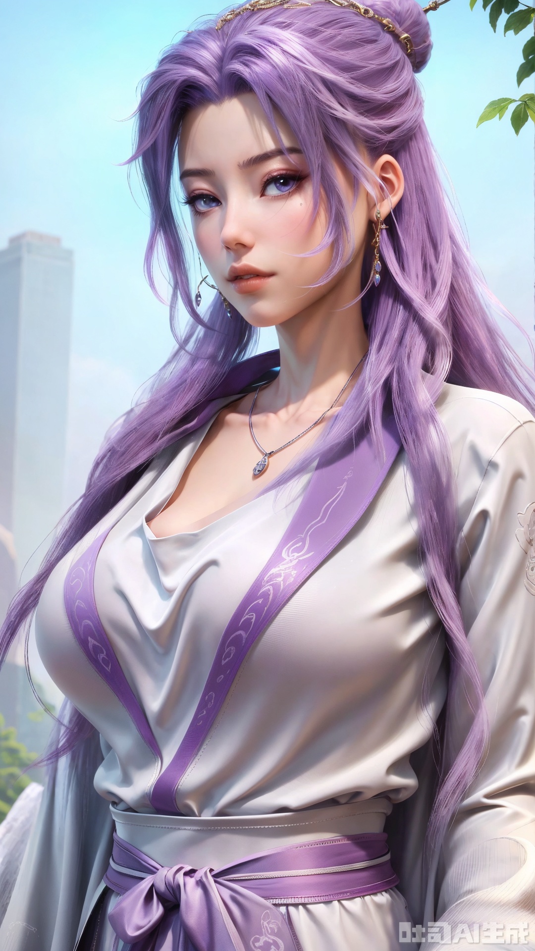 masterpiece,1girl, solo, long hair, breasts, large breasts, shirt, long sleeves, jewelry, purple eyes, white shirt, upper body, purple hair, flower, outdoors, necklace, lips, plant, half updo,(big breasts:1.59),Yunxiao_Fairy, hanfu,Xtianhuxiaobai,Xyunluo,XyunxianY,XyunyunXYK