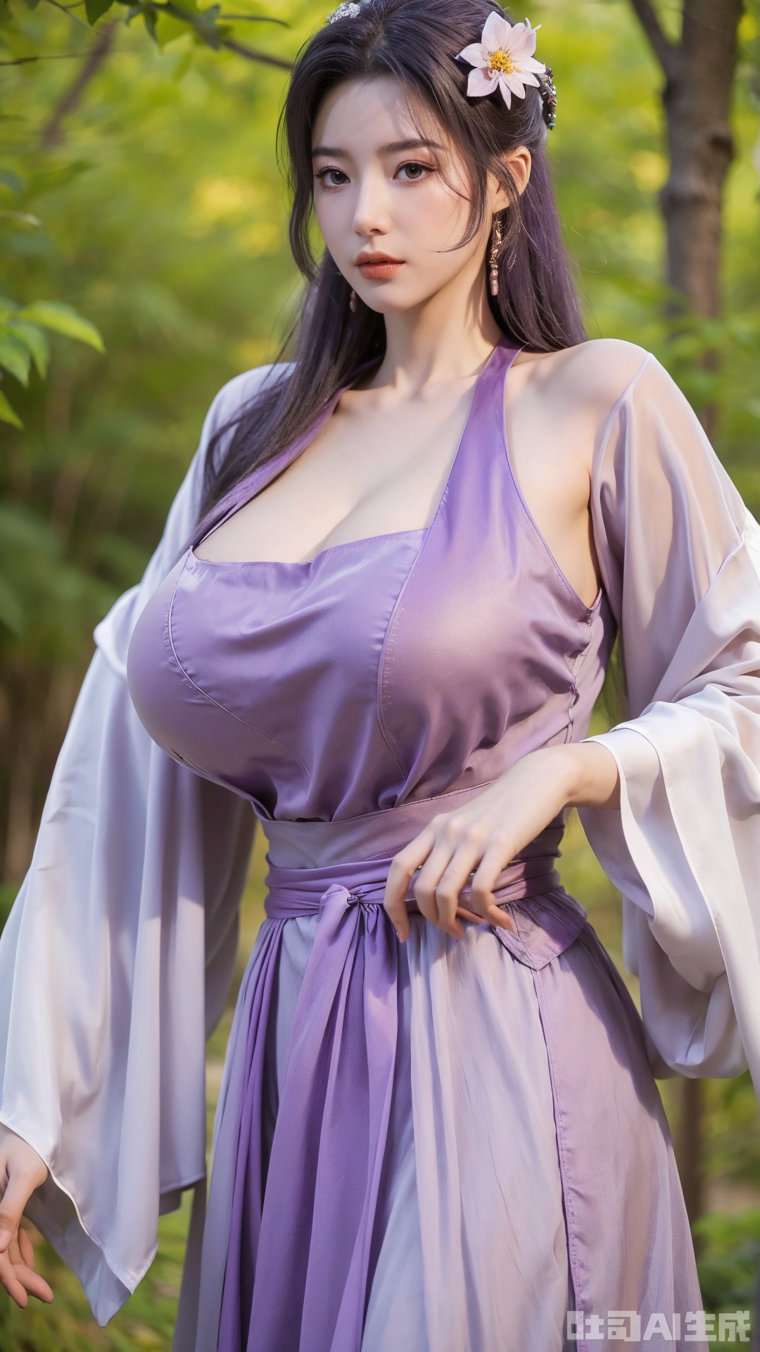 masterpiece,qingyi,danya,1girl,black hair,hanfu,(flower:1.5),realistic,hair ornament,chinese clothes,(purple dress:1.39),black eyes,long sleeves,holding,holding flower,,hanfu,cho girl, longfeihanfu,looking at viewer,(big breasts:1.79),Yunxiao_Fairy, hanfu,Xtianhuxiaobai,Xyunluo,XyunxianY,XyunyunXYK