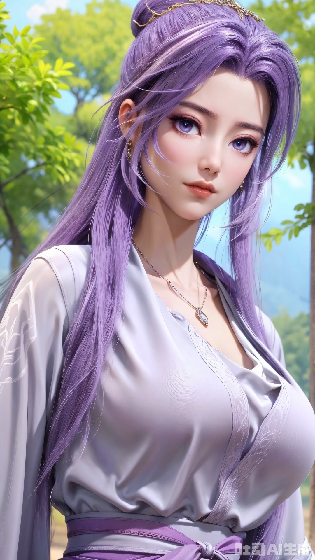 masterpiece,1girl, solo, long hair, breasts, large breasts, shirt, long sleeves, jewelry, purple eyes, white shirt, upper body, purple hair, flower, outdoors, necklace, lips, plant, half updo,(big breasts:1.59),Yunxiao_Fairy, hanfu,Xtianhuxiaobai,Xyunluo,XyunxianY,XyunyunXYK