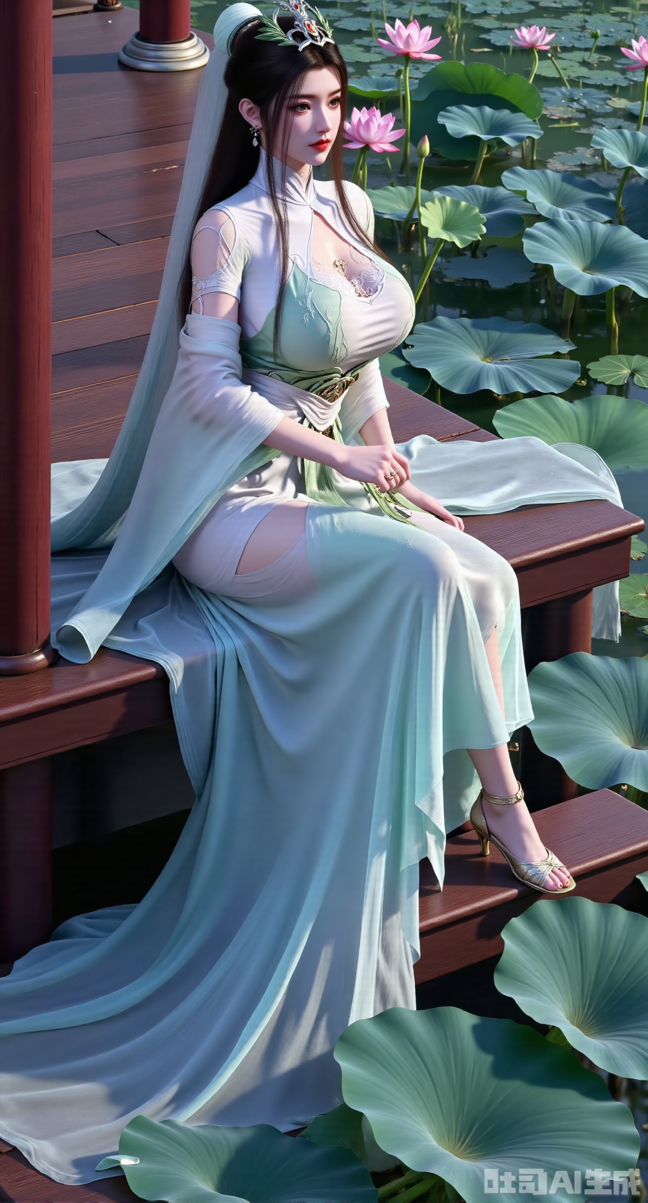 (masterpiece:1.2),best quality,The image is a digital illustration of a young woman sitting on a wooden bench in a pond with lily pads. She is wearing a long dress with design on the chest and sleeves. The dress has a high neckline and short sleeves,Holding a lotus in hand. She has long dark hair styled in loose waves and is wearing gold high heels. The woman is posing with one hand on her hip and the other resting on the edge of the bench. The background is filled with pink and white lotus flowers and green leaves. The overall mood of the image is peaceful and serene,(huge breasts:2.99),(full breasts:2.99),(Background with traditional Chinese architecture, lotus pond and pink lotus flowers:1.39),gechuanguangchongstyle,Xyuanxionggirl,Xyunxiao,XyunxiaoYK,Xdixionglianyiqun,Xmiaozufushi,Xqilinxianzi,XTifaLockhart,Xjinshenjianshenfu,Xbigbreasts,Xrixirenxiangsheying,XzhaoxiangerX,Xnanxiaochen2,Xyinyue2,Xchenjiajia,Xhanfusiwa