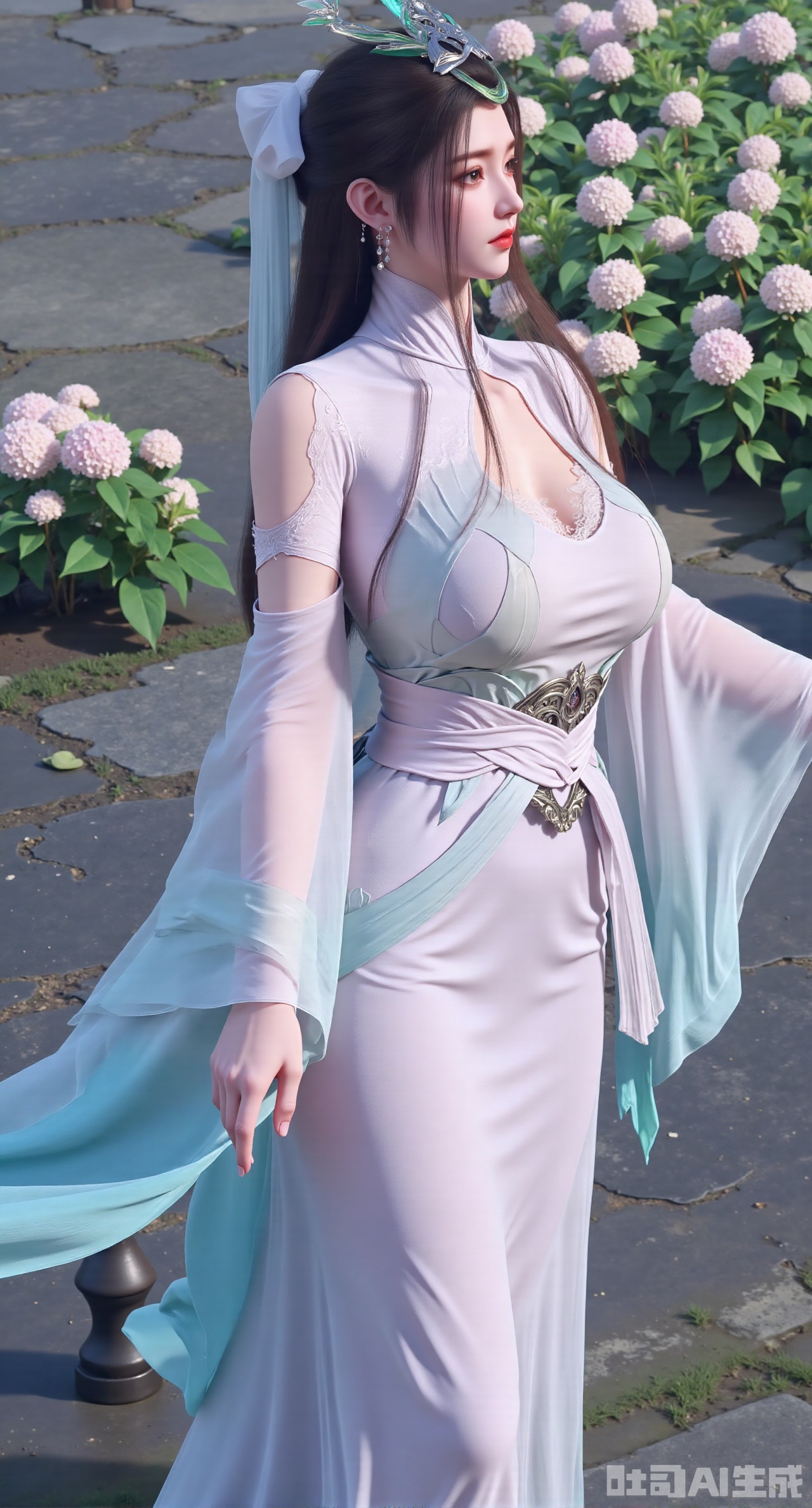 (masterpiece:1.2),best quality,absurdres,masterpiece,original,extremely detailed wallpaper,perfect lighting,1girl,solo,looking at viewer,(cowboy_shot:1.3),long hair,high heels,blurry background,depth of field,motion blur,(long dress:1.23),china_dress,chinese_style,bare shouders,crystal_earrings,headpiece,hair_tie,chest_jewel,gem,necklace,jewelry,in summer,day,outdoors,nature,garden,,(standing,Hydrangea, Hydrangea Field:1.69),(huge breasts:2.99),(full breasts:2.99),gechuanguangchongstyle,Xyuanxionggirl,Xyunxiao,XyunxiaoYK,Xdixionglianyiqun,Xmiaozufushi,Xqilinxianzi,XTifaLockhart,Xjinshenjianshenfu,Xbigbreasts,Xrixirenxiangsheying,XzhaoxiangerX,Xnanxiaochen2,Xyinyue2,Xchenjiajia,Xhanfusiwa