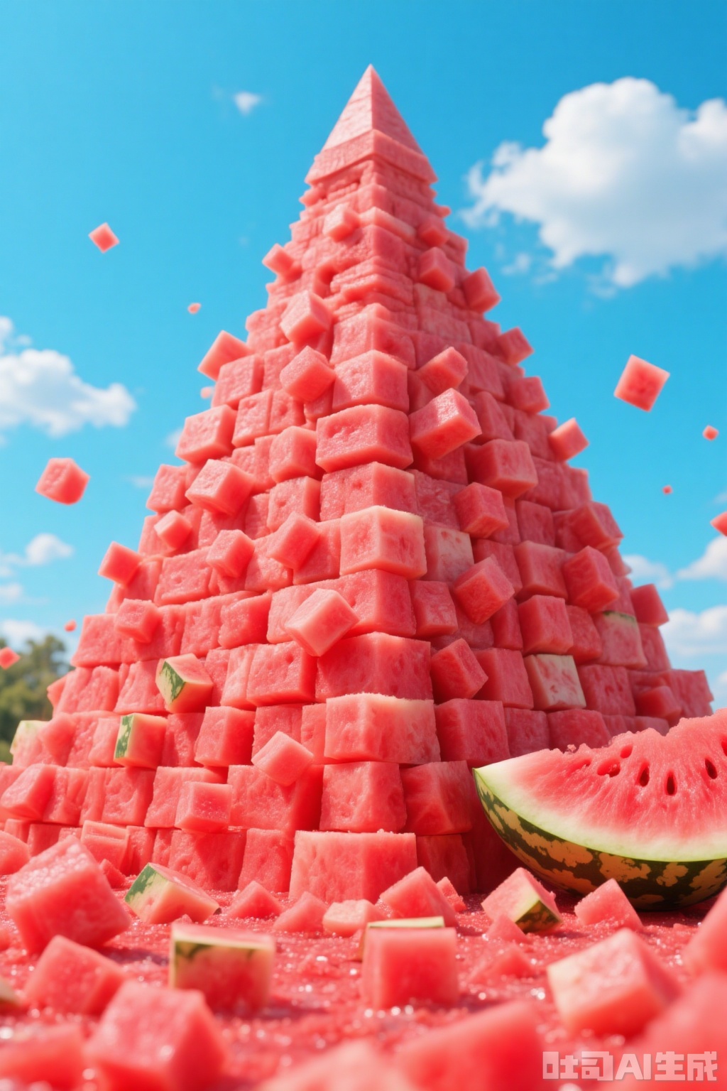 The image depicts a surreal scene where a pyramid made entirely of watermelon pieces rises against a clear blue sky. The pyramid is constructed with various sizes of watermelon cubes creating a textured and vibrant structure. Surrounding the base of the pyramid are additional watermelon pieces some of which are sliced and scattered adding to the whimsical nature of the composition. The sky in the background is clear with a few white clouds providing a stark contrast to the vivid red and green hues of the watermelon.