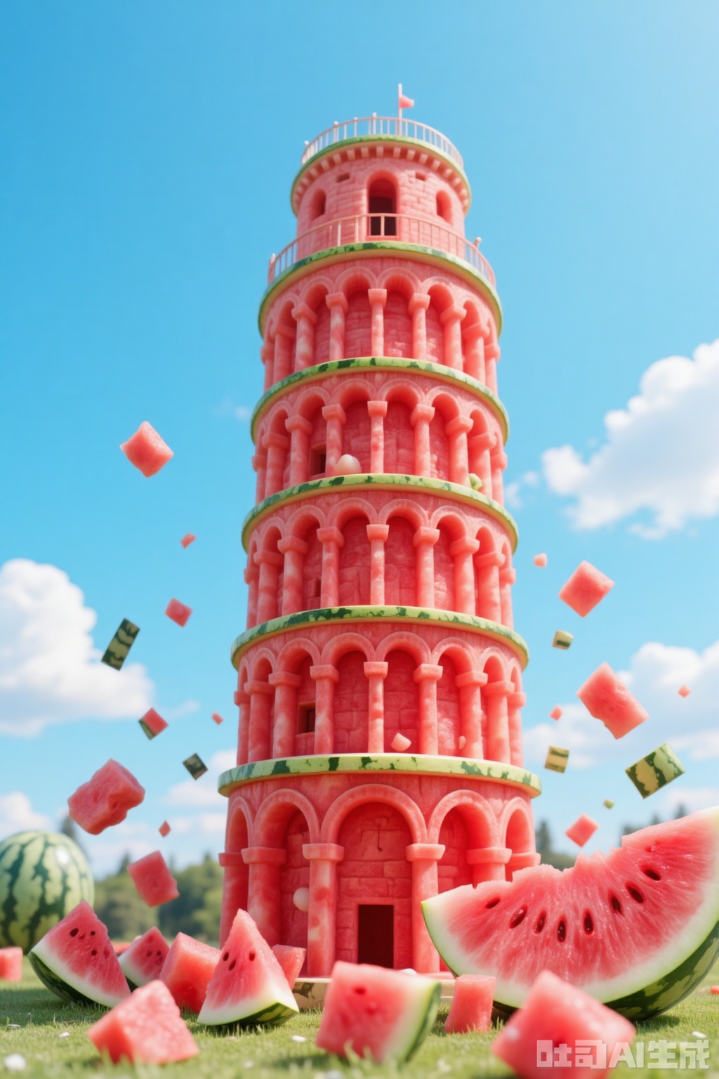 The image depicts a whimsical scene where a tall, intricately designed tower made entirely of watermelon slices stands against a bright blue sky. The tower is composed of alternating layers of red and green watermelon, with detailed arches and windows that give it a lifelike appearance. Surrounding the tower are various pieces of watermelon, both whole and cut into slices, scattered on a grassy surface. The sky is clear with a few fluffy white clouds, adding a cheerful and summery atmosphere to the scene. The overall composition is playful and surreal, blending the natural sweetness of watermelon with the architectural elegance of a tower.