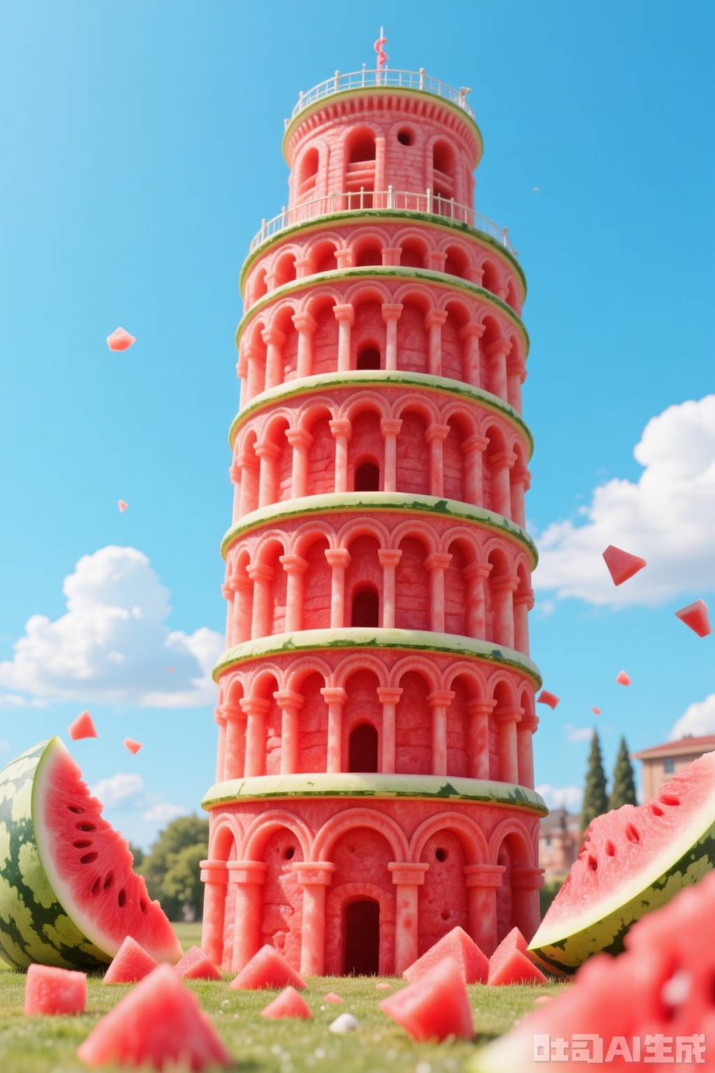 The image depicts a whimsical scene where a tall, intricately designed tower made entirely of watermelon slices stands against a bright blue sky. The tower is composed of alternating layers of red and green watermelon, with detailed arches and windows that give it a lifelike appearance. Surrounding the tower are various pieces of watermelon, both whole and cut into slices, scattered on a grassy surface. The sky is clear with a few fluffy white clouds, adding a cheerful and summery atmosphere to the scene. The overall composition is playful and surreal, blending the natural sweetness of watermelon with the architectural elegance of a tower.